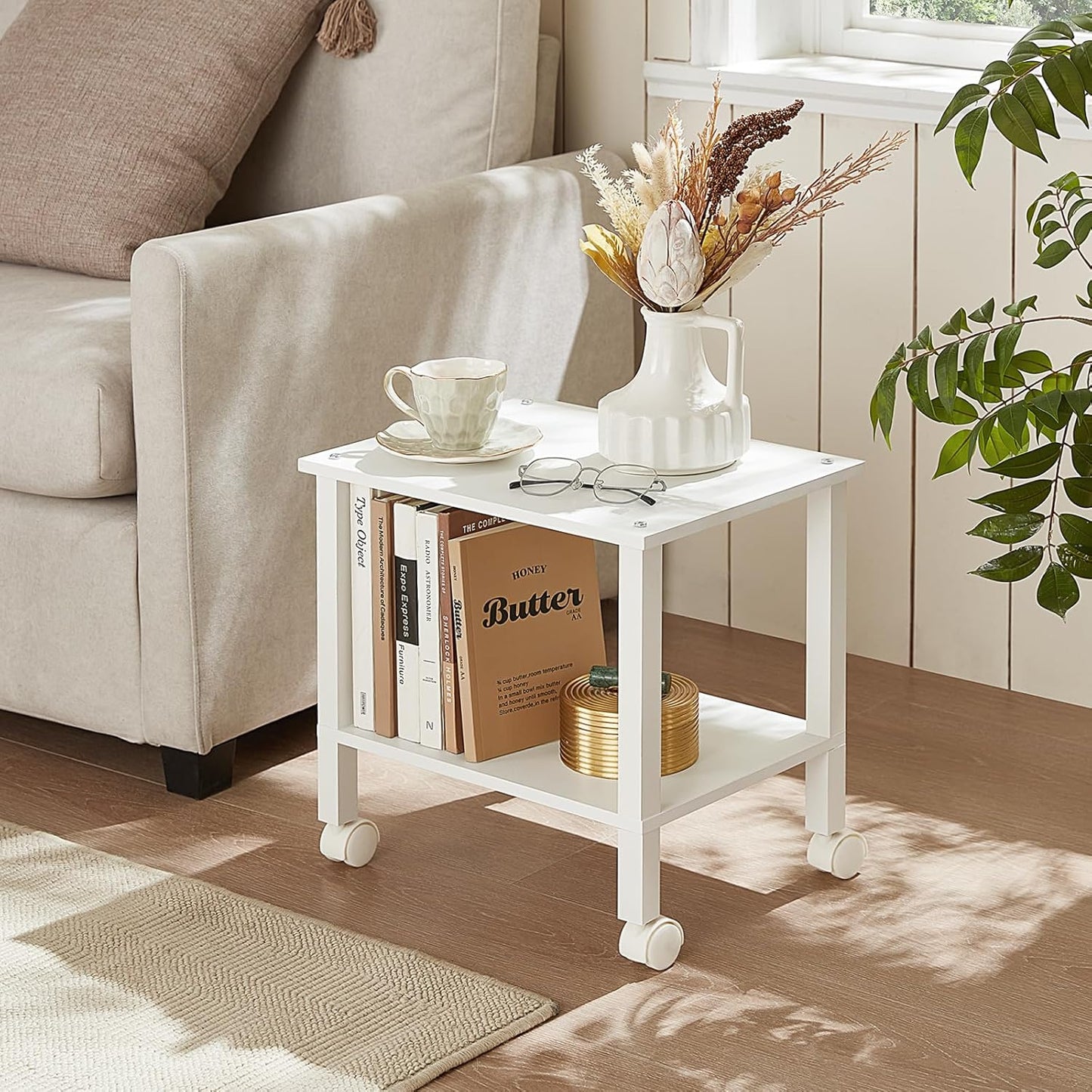 2 Tier Printer Stand with Storage,Under Desk Shelf Printer Table, Rolling Printer Cart for Office,Home,White