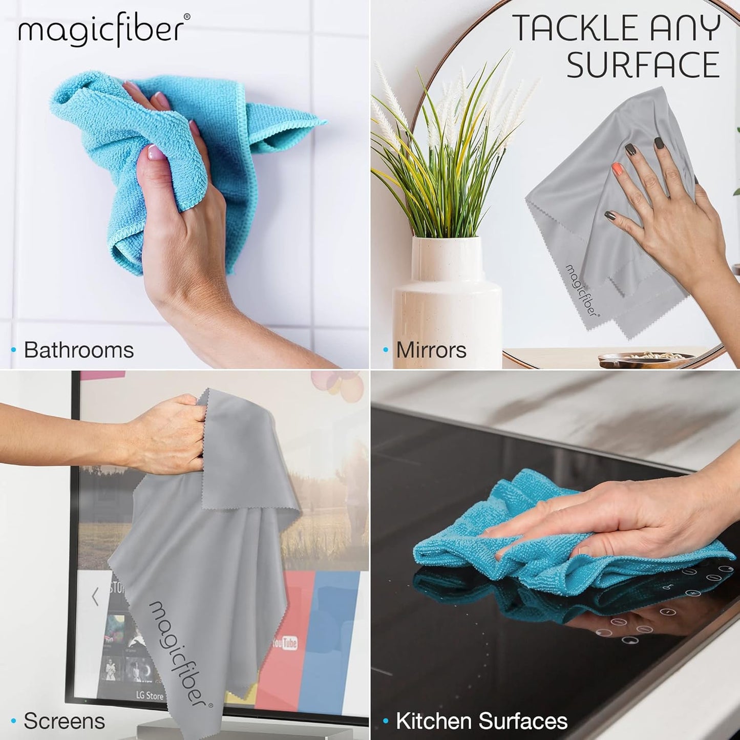 MagicFiber Microfiber Cleaning Cloth - 4 Pack Large Blended Cloths, Highly Absorbent Streak & Lint Free, Glass Micro Fiber Rags, Towels for Car, Windows, Housekeeping, Household Dusting, Kitchen