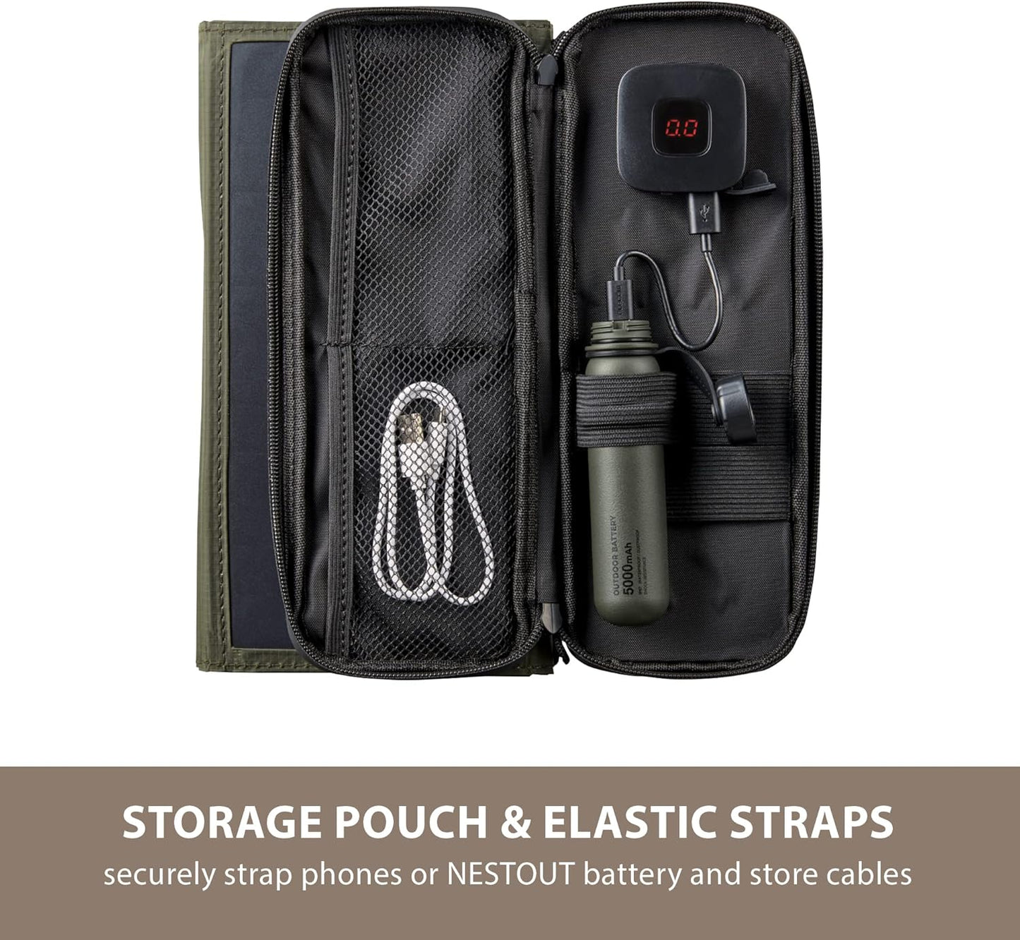 ELECOM NESTOUT Portable Solar Panel, Dual USB-A Ports, 28W Power Generation Charger for Phone Camping, Durable Water-Resistant Ripstop Nylon, Foldable Lightweight, Adjustable Stands (4-Panel)