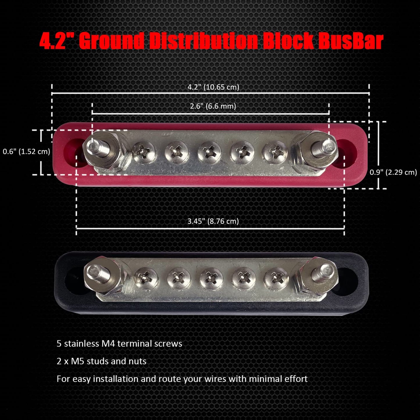 2 x #10 (M5) Studs Power Distribution Block with 5 x #8 (M4) Screws, Ampper 4.2" Bus Bar 12V Power Distribution Terminal Block Battery Busbar for Car Audio Solar (Red & Black)