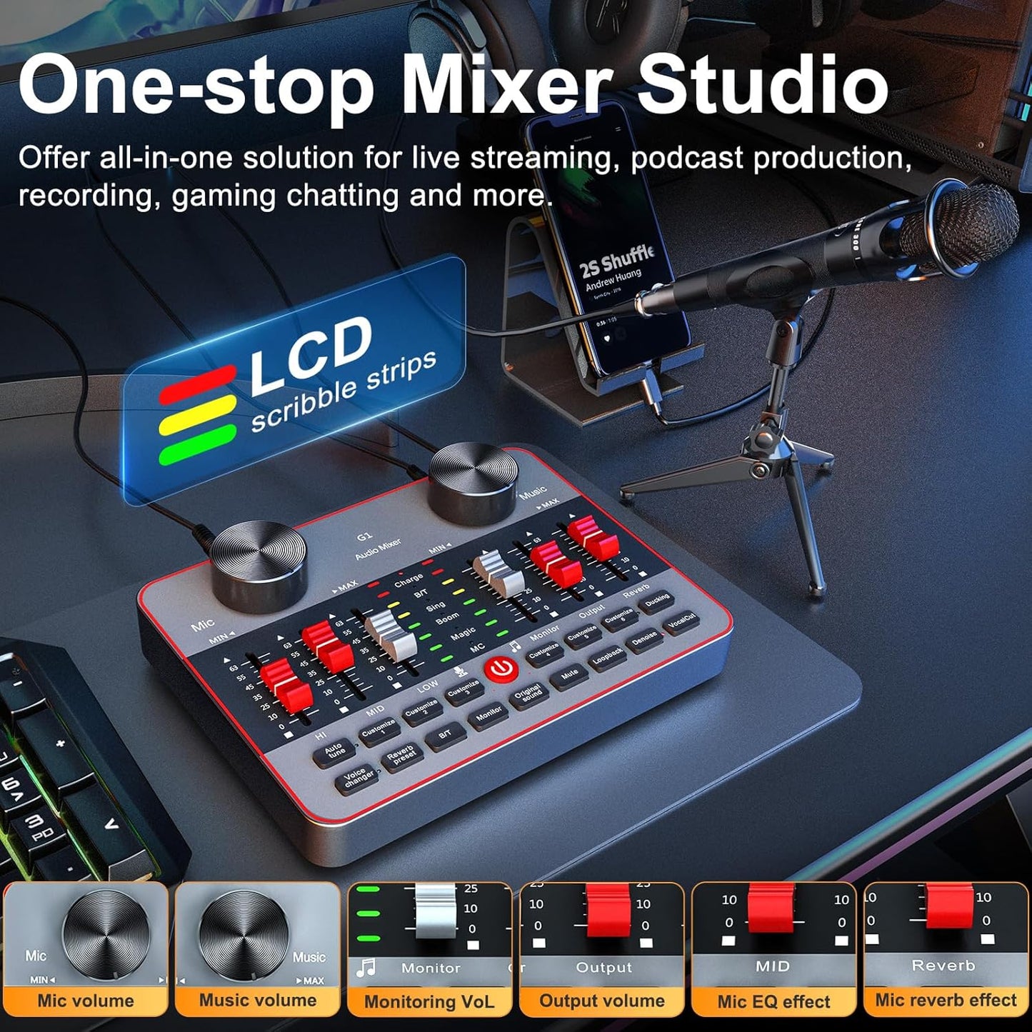 Podcast Equipment Bundle for 2 Mic Tiktok Video Content Creator Kit, Audio Interface DJ Mixer Sound Card/Board Condenser Microphone for Studio Smartphone/PC/Laptop Broadcast Recording/Live Stream