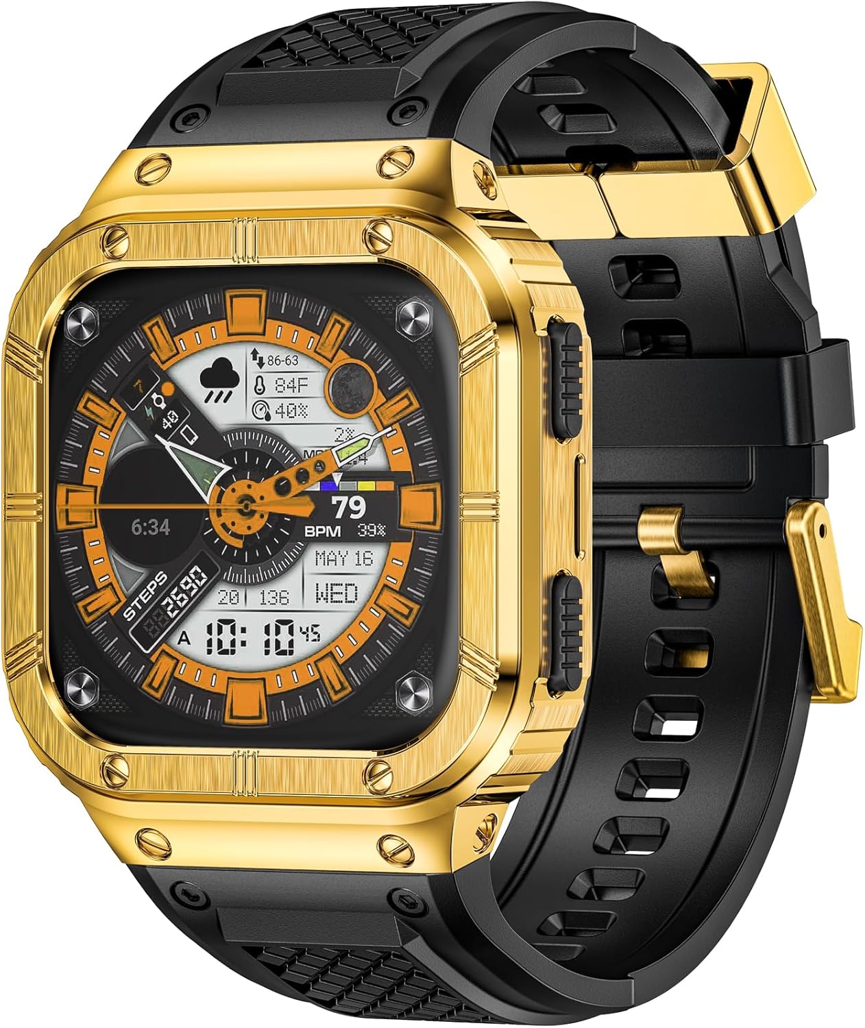 MioHHR Stainless Steel Case and Band Compatible with Fitbit Versa 4/3/2/Lite/Sense/Sense 2 Bands with Metal Case, Rugged Sports Protector Cover Silicone Wristbands for Men, Gold