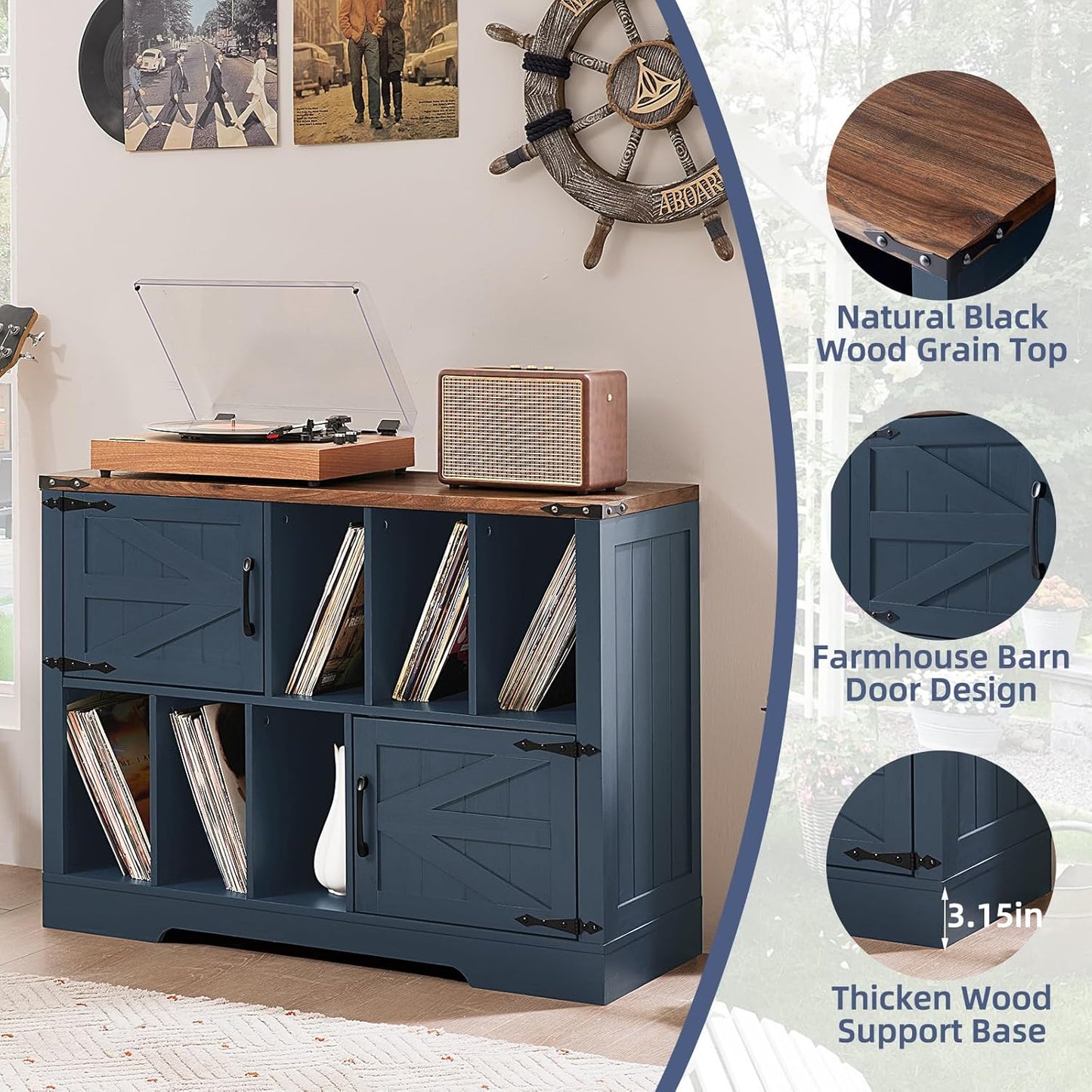 Large Record Player Stand with Vinyl Storage Up to 450 Albums, 39 Inch Farmhouse Wood Navy Blue Vinyl Records Storage Cabinet with Barn Doors, Mid-Century Turntable Stand for Living Room