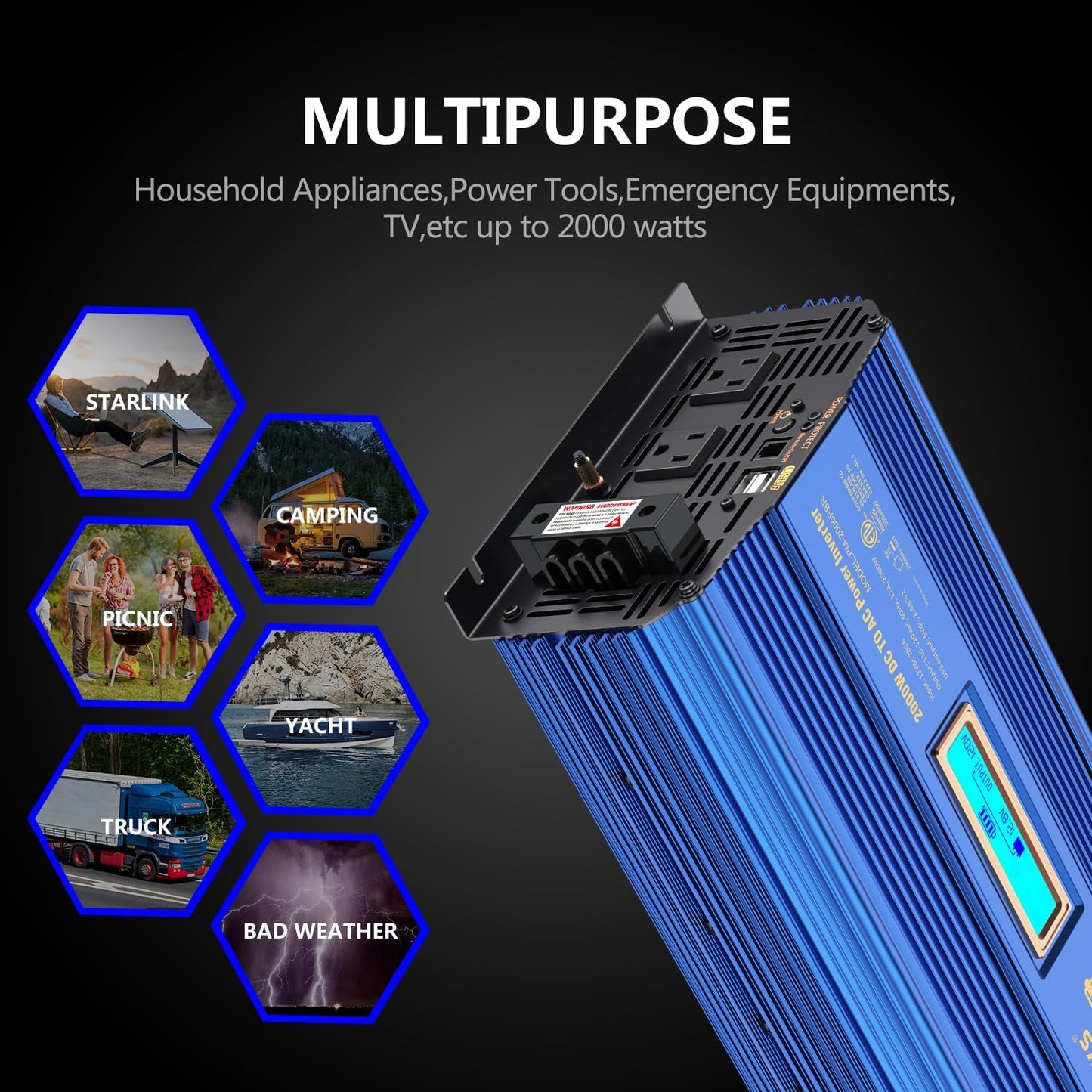 Power Inverter 2000w DC 12V to AC 120V ETL UL458 Compatible with Lithium Battery for Off-Grid Solar Car RV Truck Boat with LCD Display Remote Control 2 AC Outlets Dual 2.4A USB Ports by VOLTWORKS