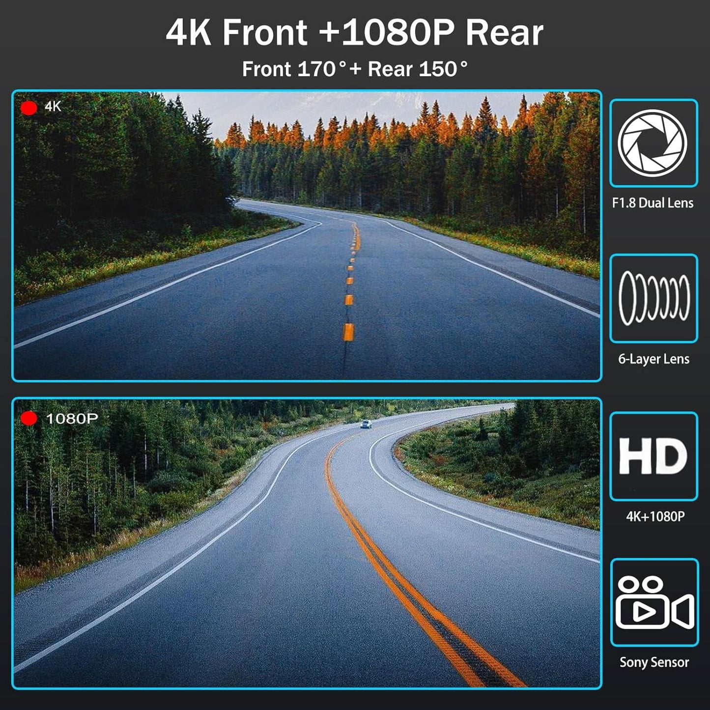Mirror Dual Dash Camera,4K and 1080P Dash Cam with Voice Control Rear View Mirror Camera and WiFi,GPS Dashcam for Cars with WDR Night Vision, G-Sensor, 24 Parking Monitor ABS (Include 64FGB Card)