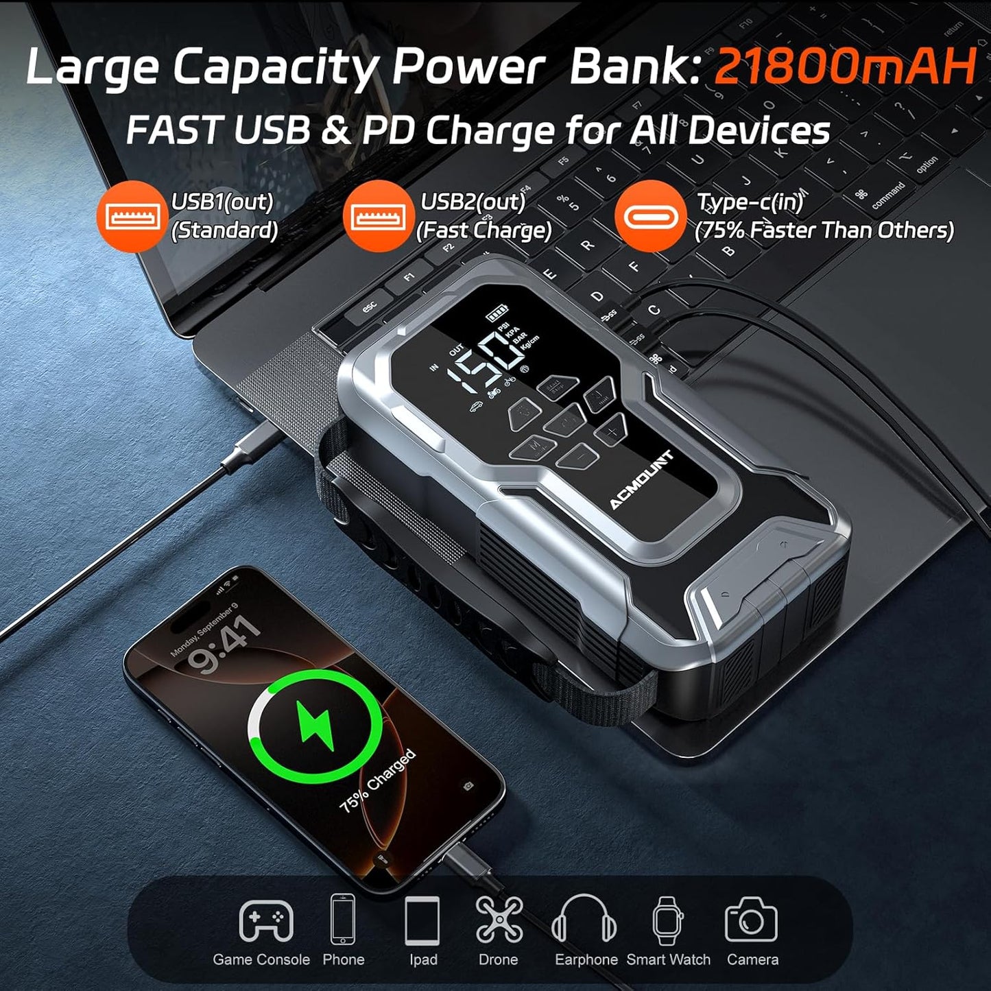 Jump Starter with Air Compressor, 6000A Car Battery Jump Starter (All Gas/10.0L Diesel), 150PSI Tire Inflator, 12V Jumper Pack with LCD Display & LED Light, Portable Air Pump, 21800mAh Battery