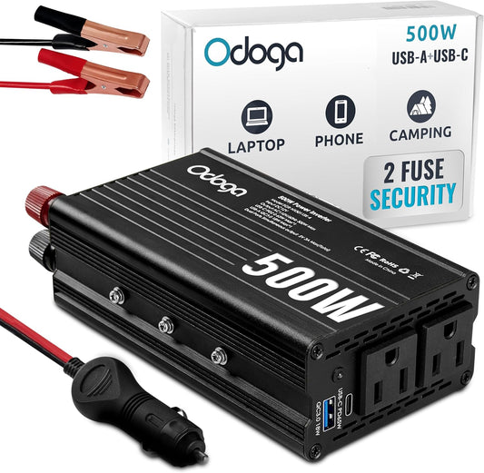 500W Car Power Inverter 12v to 110v – Car Adapter for Plug Outlet, DC to AC Converter, USB/USB-C Fast Charger for Laptop, Phone, Dual AC – for Vehicle, Pickup Truck, Roadtrip, Camping by Odoga