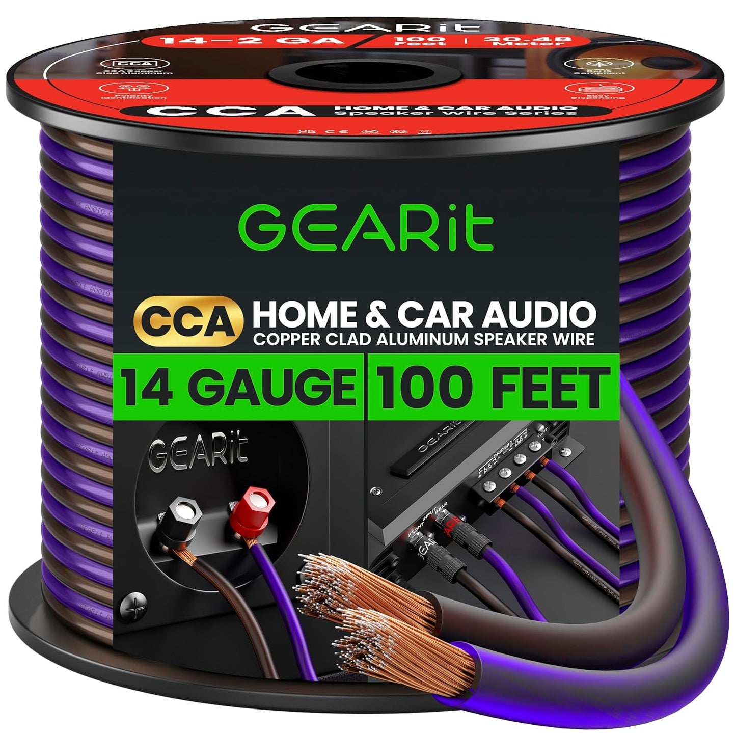 GEARit Speaker Wire 14 Gauge, Speaker Cable 100ft for Car Audio, Home Theater, CCA(Black Purple)