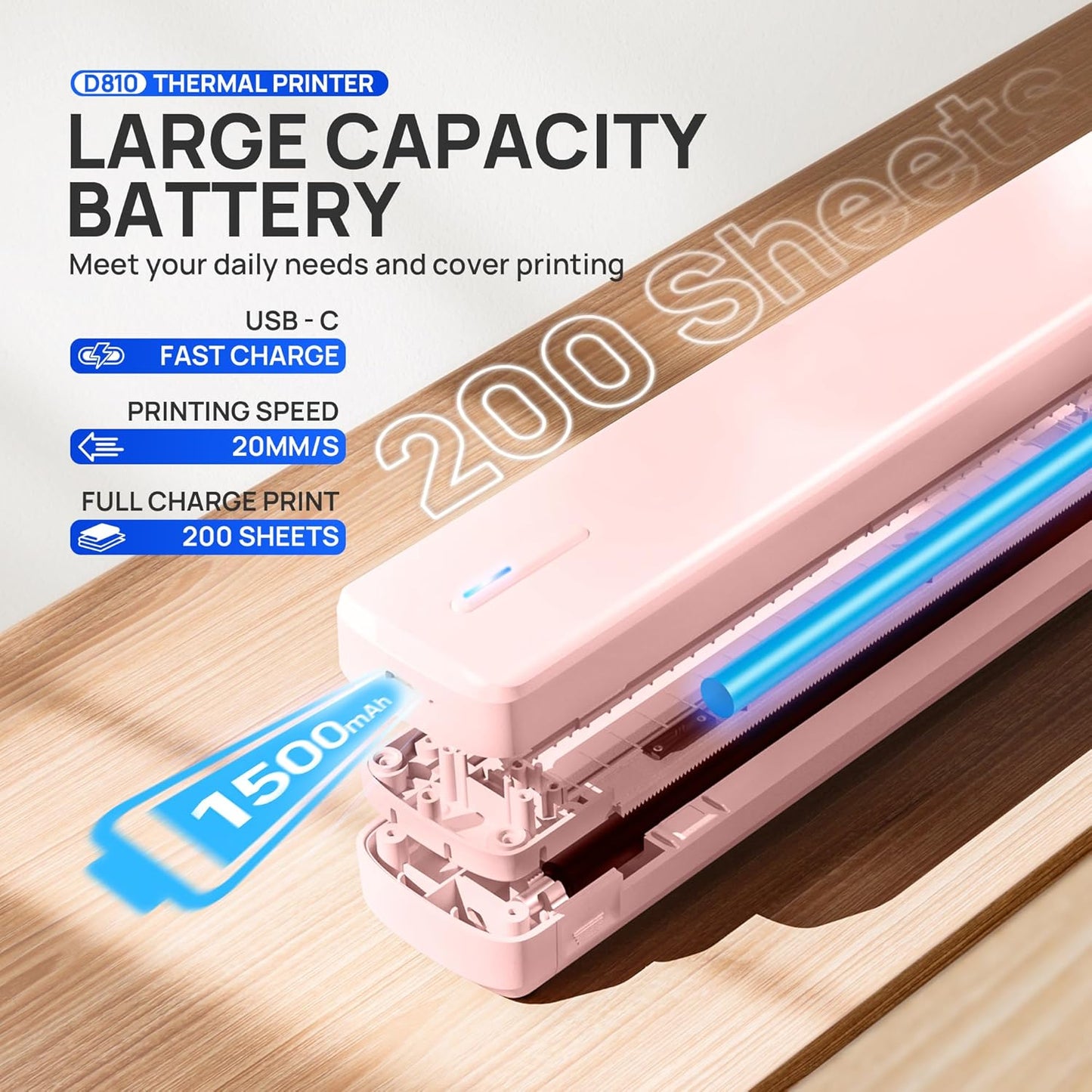 POLONO Portable Printer Wireless for Travel, D810 Bluetooth Thermal Printer Support for 8.5"x11" US Letter, Inkless Compatible with iOS, Android, Laptop for Office, Car and Home with Carry Case, Pink