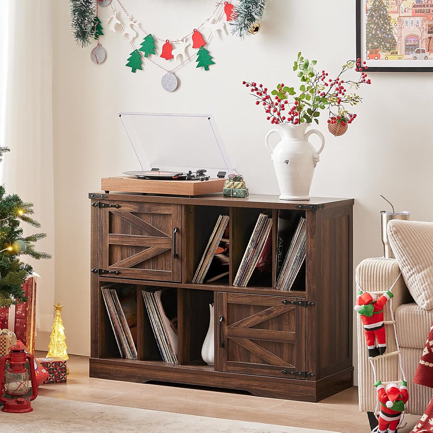 Large Record Player Stand with Vinyl Storage Up to 450 Albums, 39 Inch Farmhouse Brown Walnut Storage Cabinet with Barn Doors, Wood Vintage Mid-Century Turntable Stand for Bedroom, Living Room