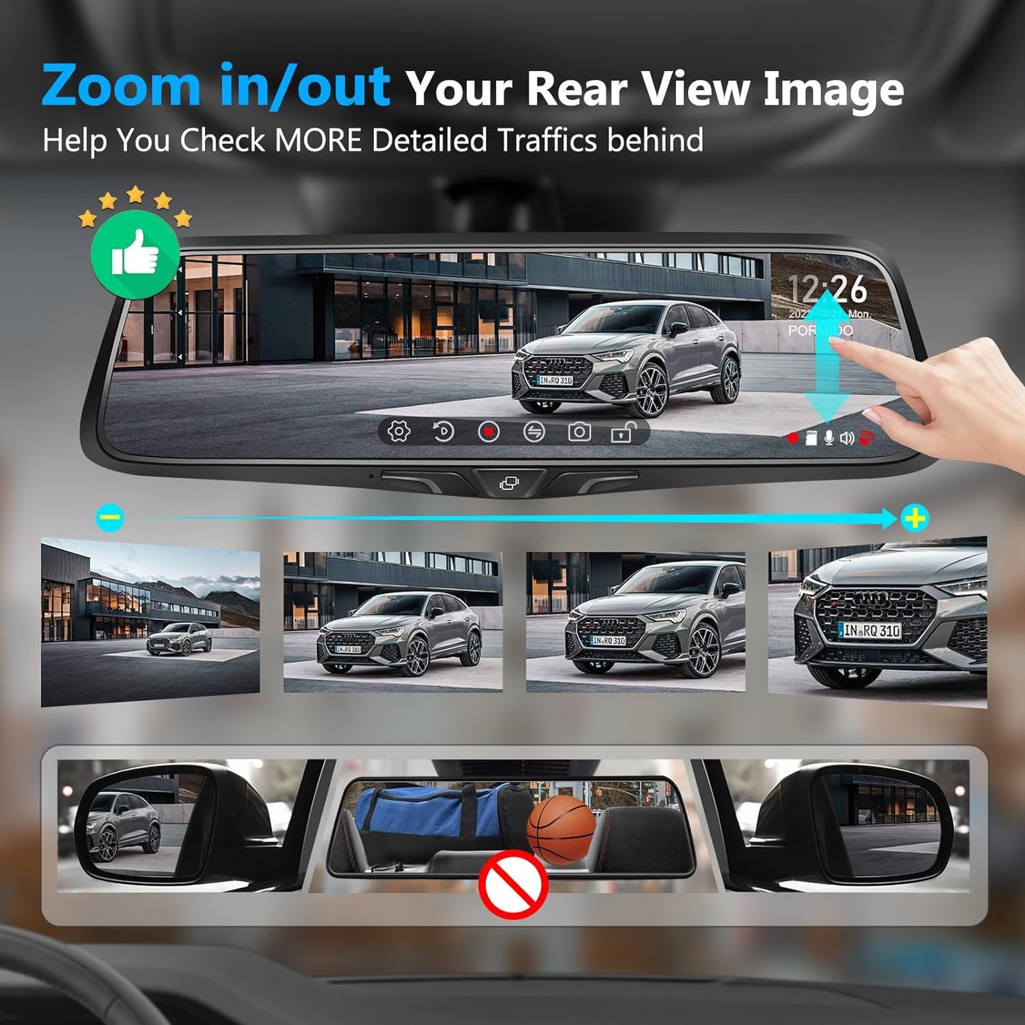 PORMIDO OEM 2K Rear View Mirror Camera,10" Mirror Dash Cam with Detached Front Backup Camera, Smart Full Touchscreen Rearview WDR Dashcam with Built-in GPS,64GB Card,Parking Monitor,Night Vision