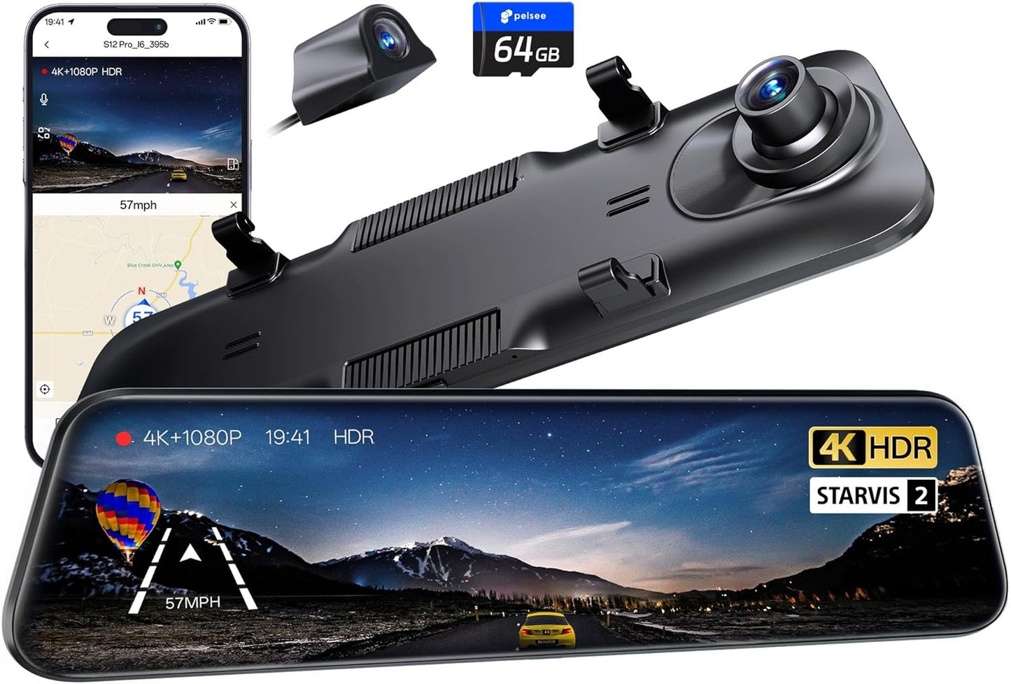 Pelsee S12 Pro 4K Mirror Dash Cam with STARVIS 2 Sensor, 5.8GHz WiFi Rear View Mirror Camera Front and Rear Dash Camera, ADAS & BSD, 1080P Backup Camera with WDR, Voice Control, 64G Meomory Card