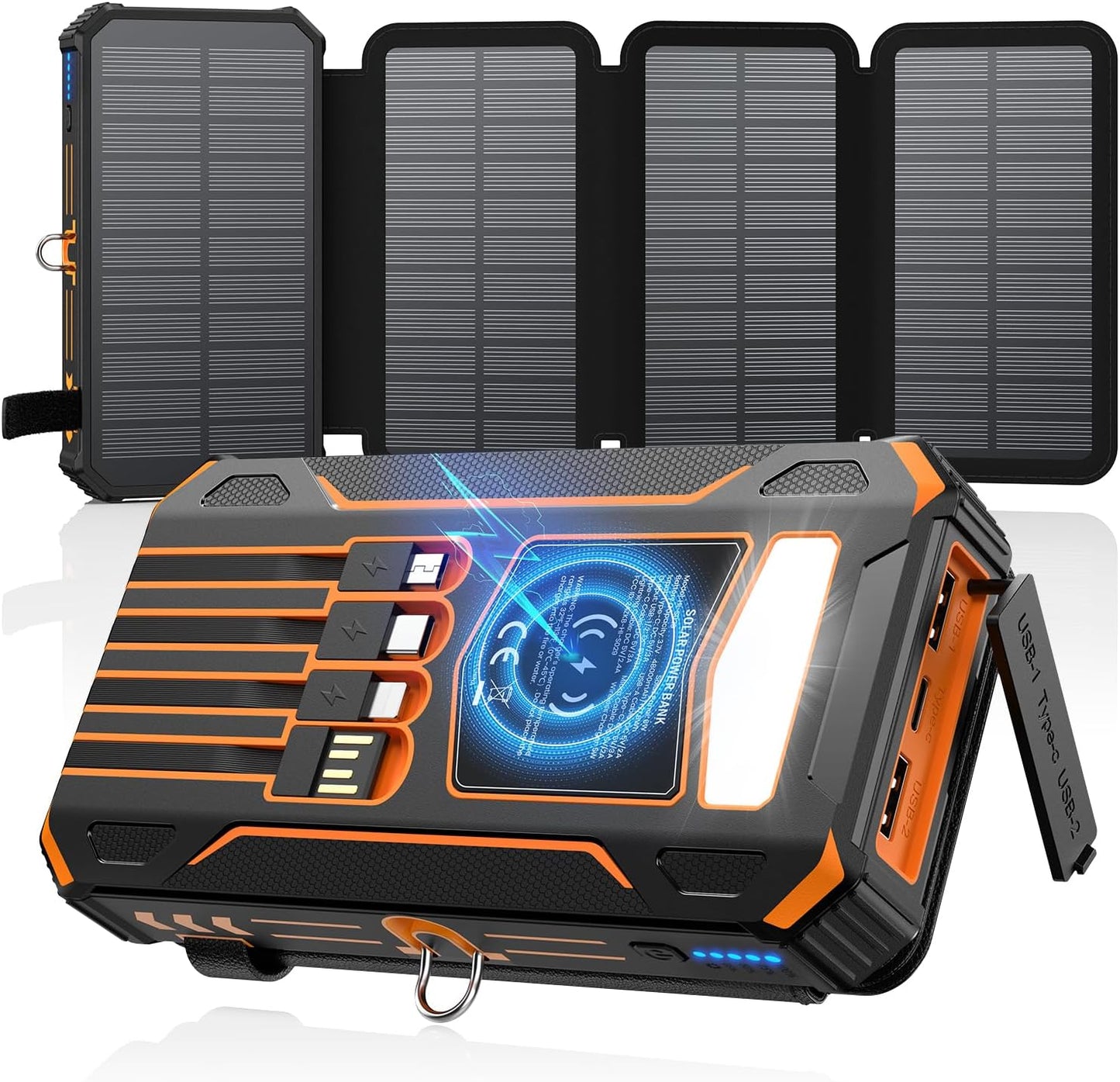 SOARAISE-Solar-Charger-Power-Bank - 48000mAh Wireless Portable Charger Built-in 4 Cables and 4 Solar Panels, PD QC 3.0 Fast Charging USB C Battery Pack with Flashlight for Camping Travel