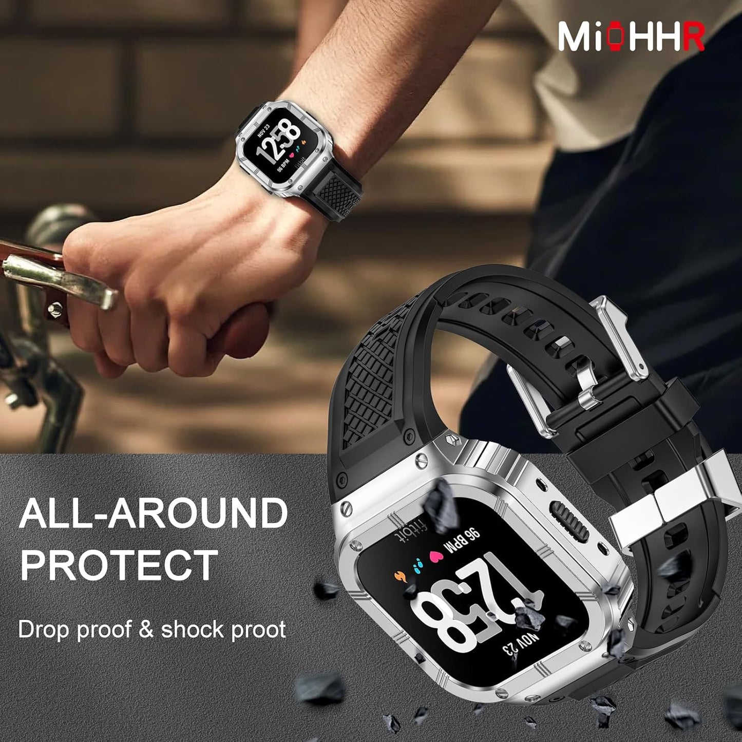 MioHHR Stainless Steel Case and Band Compatible with Fitbit Versa 4/3/2/Lite/Sense/Sense 2 Bands with Metal Case, Rugged Sports Protector Cover Silicone Wristbands for Men, Silver