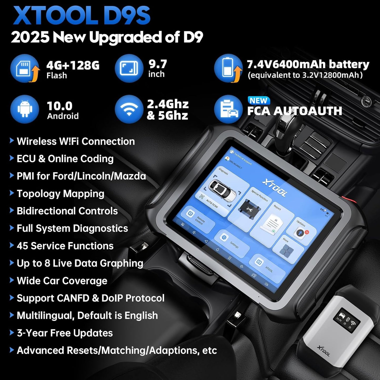 XTOOL D9S Automotive Diagnostic Tool, Wireless OBD2 Scanner with ECU Coding, Topology, Bidirectional Scan Tool 2.0 with FCA, 45+ Resets, Full System, PMI, CAN FD/DoIP, 3-Yr Update