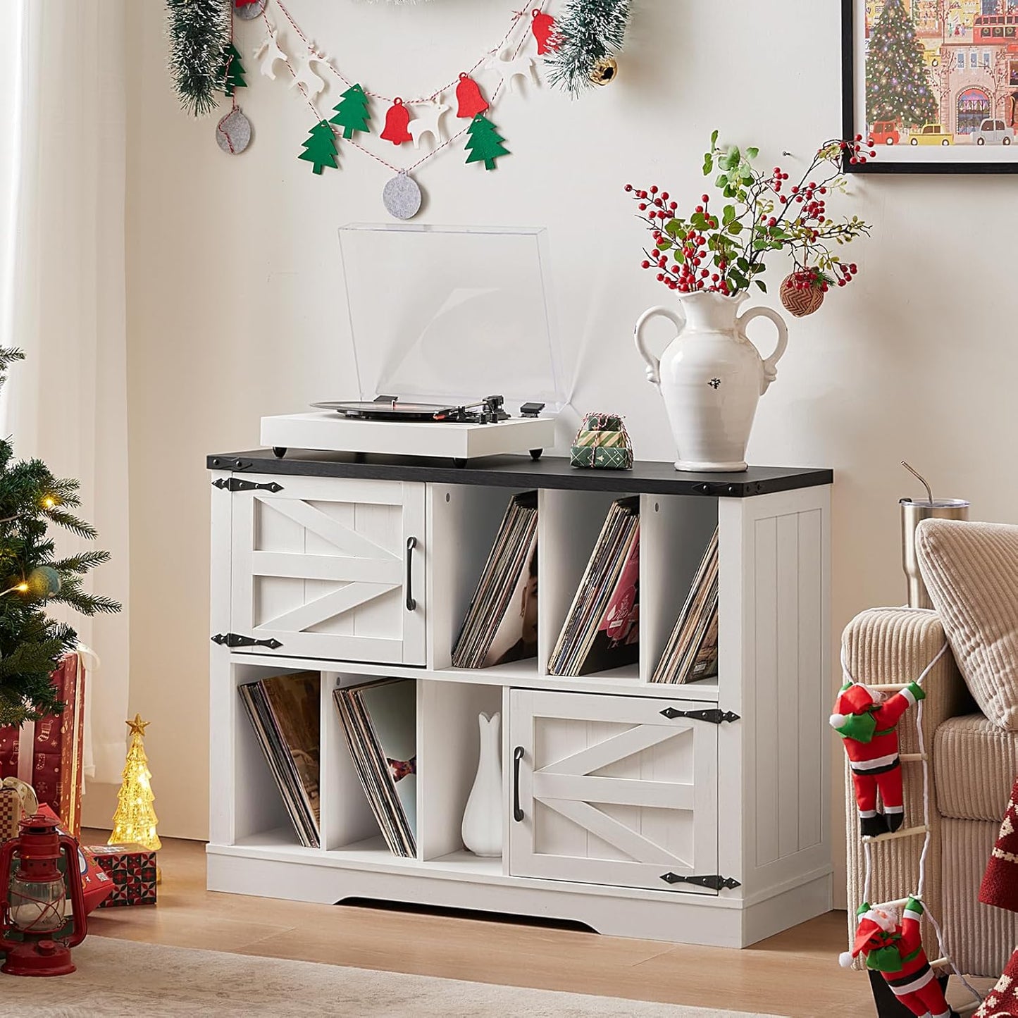 Large Record Player Stand with Vinyl Storage Up to 450 Albums, 39 Inch Farmhouse Rustic Wood White Storage Cabinet with Barn Doors, Vintage Mid-Century Turntable Stand for Bedroom, Living Room