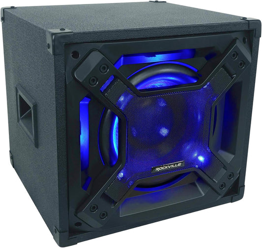 Rockville BASS Blaster 10 750W Powered 10" Home Theater Subwoofer Sub, LED Lighting, RCA Inputs/Outputs, Variable Crossover, for Home Theater and Studio Audio
