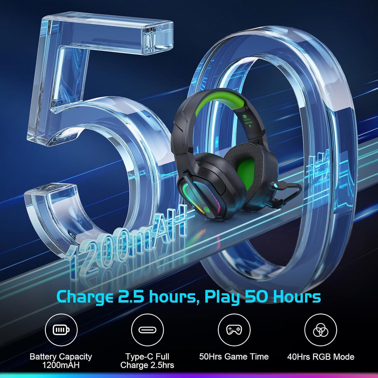 FC200 Wireless Gaming Headset for PS5, PS4-2.4GHz USB Foldable Headphones with Mic - 3D Stereo Bluetooth Headset with 50Hrs Battery Life, for Switch, PC, Mac, Mobile