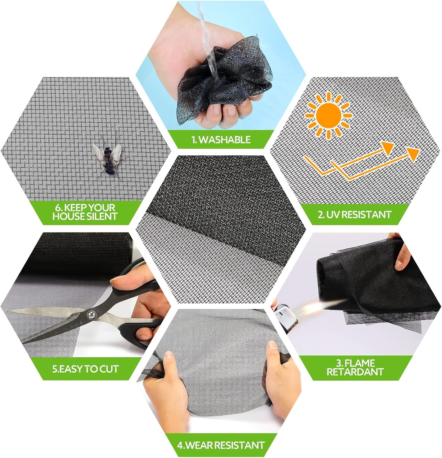 FLYZZZ Window Screen Door Repair Kit, 59‘’X118‘’ Fiberglass Mesh Replacement with Roller Tool/Hook/Spline/Cutter/Clips/Ruler, 7-in-1 Sliding Patio Door & Screen Door Repair Kit, Black