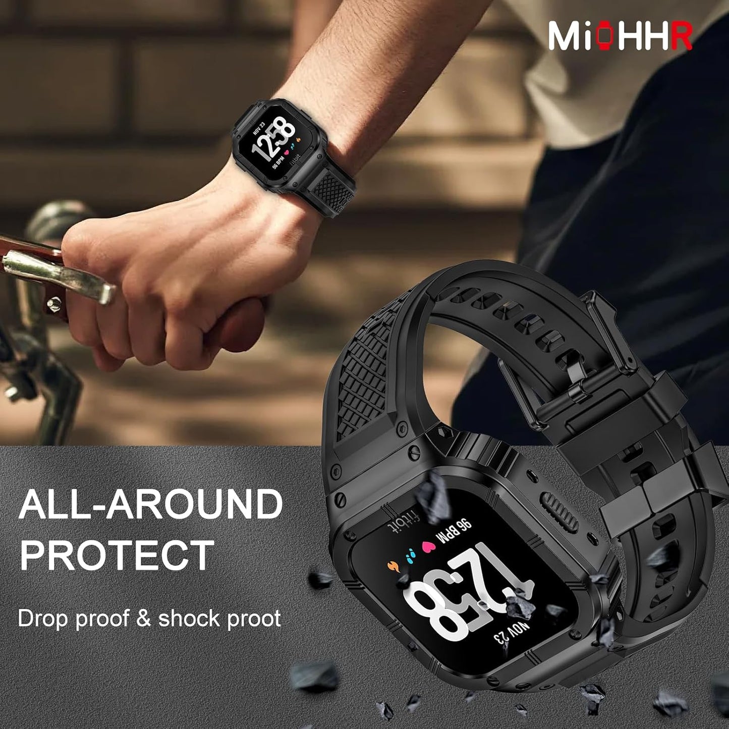 MioHHR Stainless Steel Case and Band Compatible with Fitbit Versa 4/3/2/Lite/Sense/Sense 2 Bands with Metal Case, Rugged Sports Protector Cover Silicone Wristbands for Men, Black