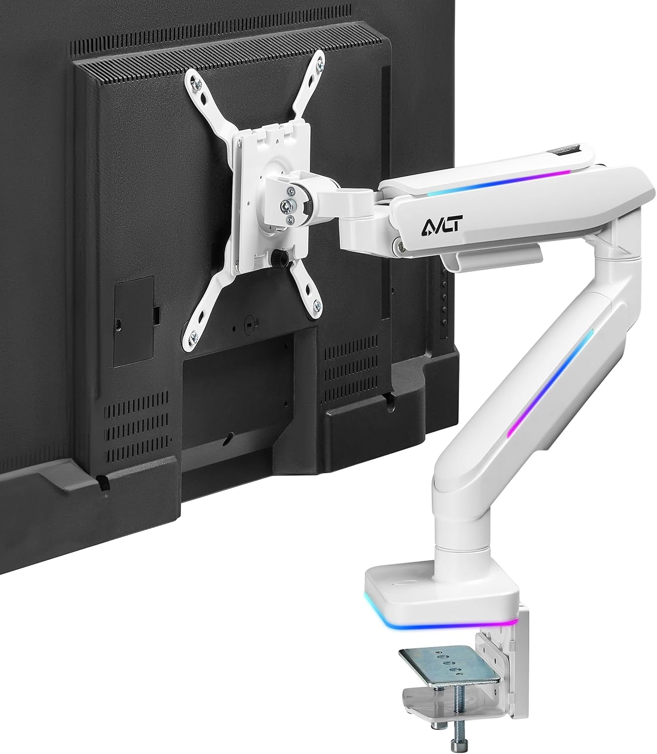 AVLT RGB Lights Single 17”-49” Gaming Monitor Arm Desk Mount, Fits One Flat/Curved/Ultrawide Screen up to 44lbs(20kg), Height Swivel Tilt Adjustable Stand - White