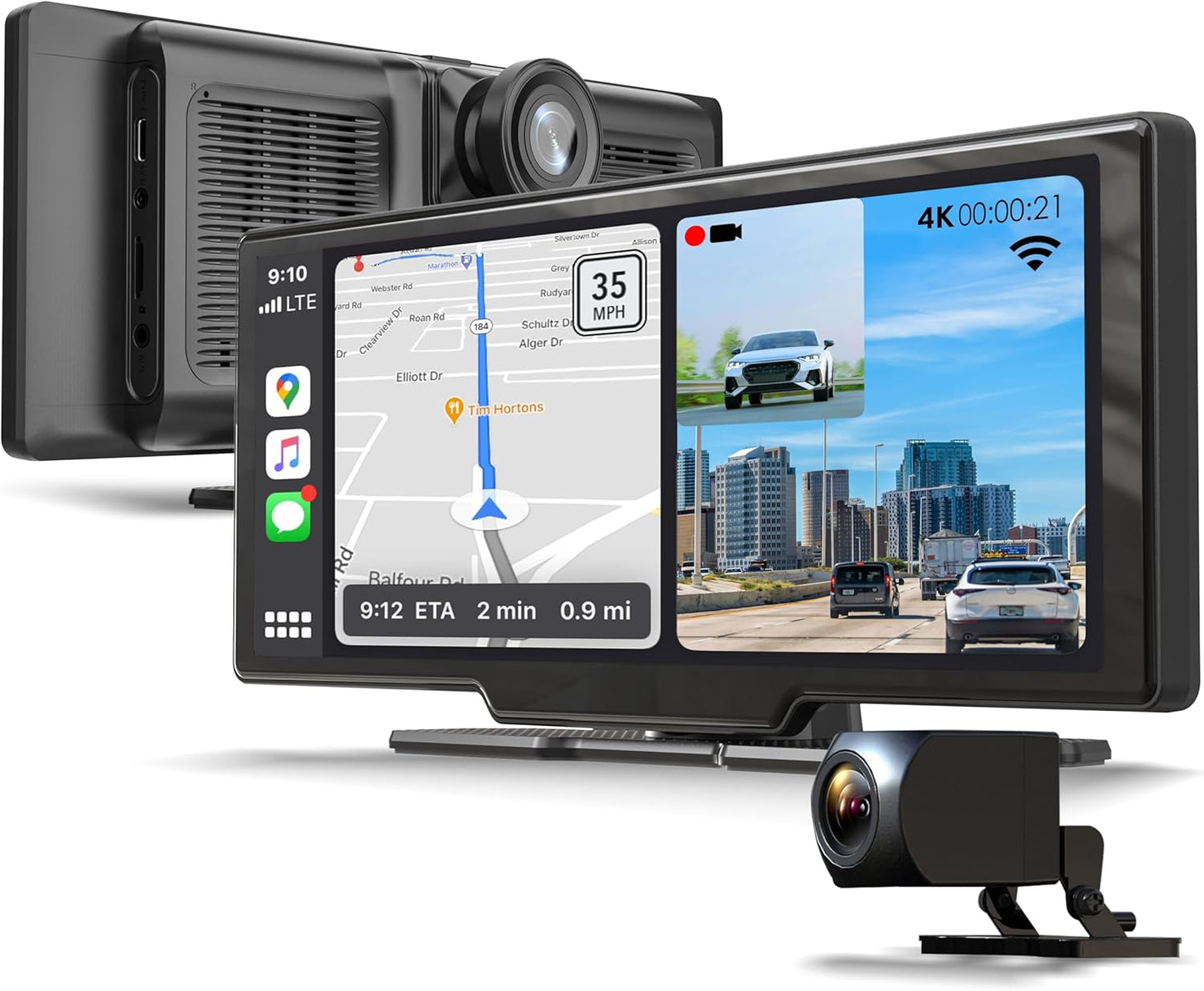 CPDuo Pro - 10.26" 4K Dash Cam with Wireless CarPlay & Android Auto, Touchscreen, GPS, Bluetooth, WDR, Night Vision, 170° Wide, Parking Mode