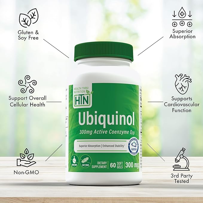 Health Thru Nutrition Ubiquinol 300mg 60 Softgels as Kaneka QH Reduced CoQ-10 | Stabilized - 3rd Party Tested | Enhanced Bioavailability | Cardiovascular & Mitochondria Function Support | Non-GMO