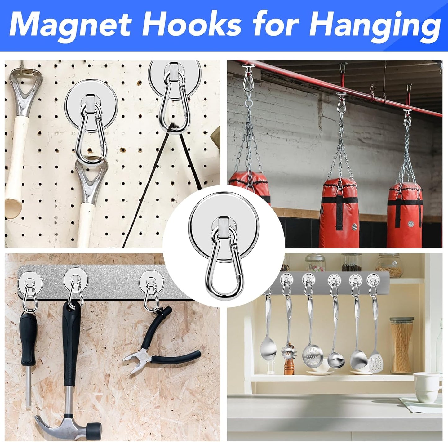 LOVIMAG Magnetic Hooks Heavy Duty, 200LBS+ Super Strong Magnetic Hooks Cruise, Powerful Neodymium Magnets Hook with Swivel Carabiner Hook for Hanging, Kitchen, Cruise Cabins, Grill, Tool Room-2 Pack