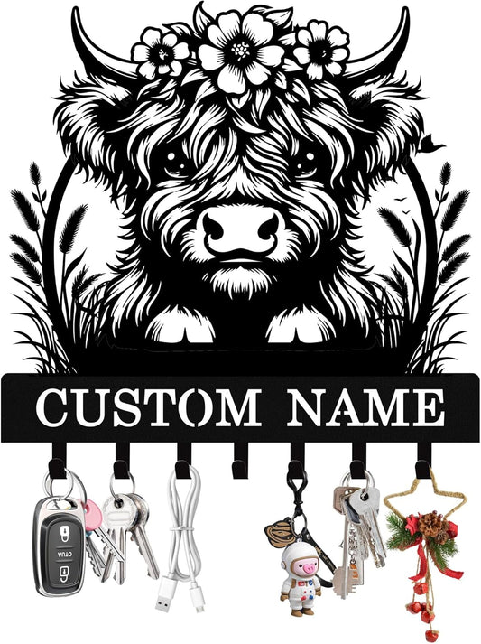 Personalized Highland Cow Key Holder Wall Mount, Custom Metal Key Rack Key Holder with Name, Deer Cabin Wall Keys Hanger with Hooks for Entryway, Front Door, Hallway, Kitchen, Living Room