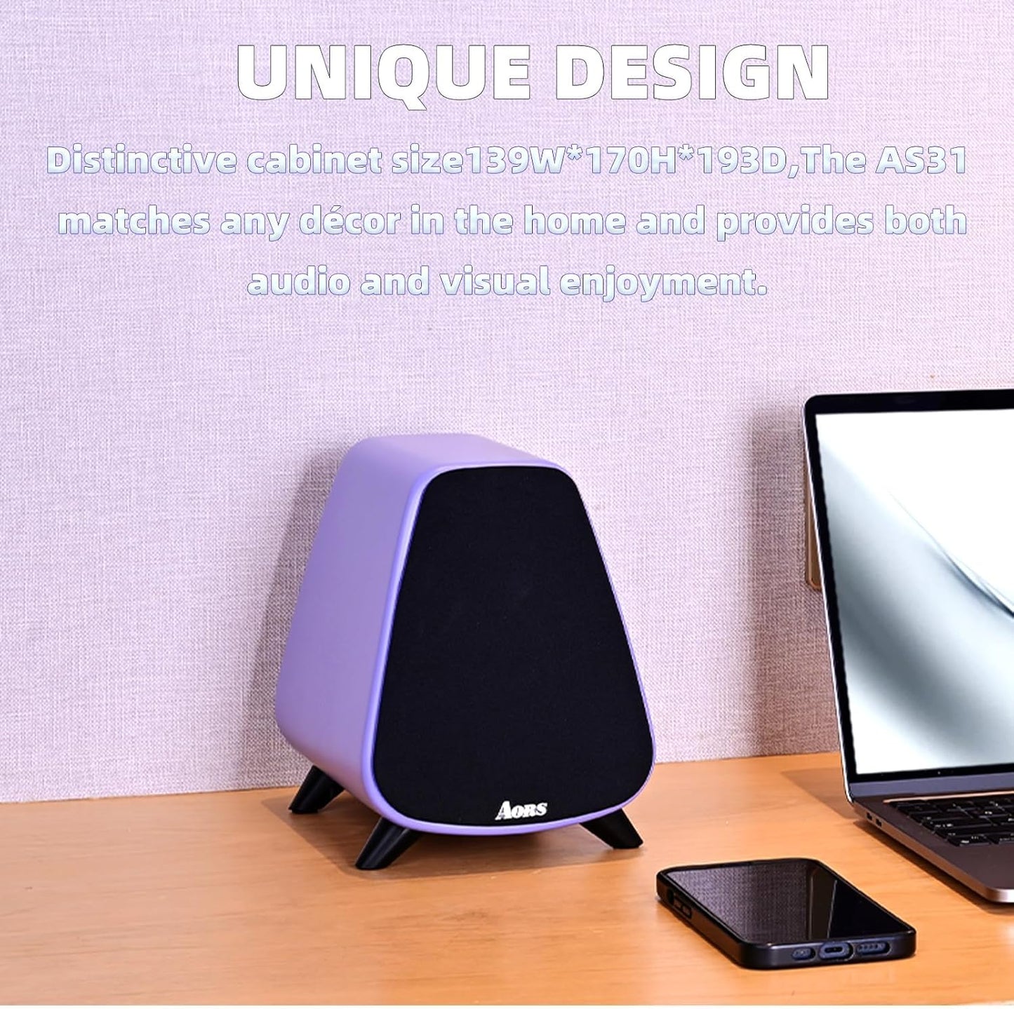 AS31 Active Bookshelf Speakers Bluetooth -2.0 Powered Speaker Stereo Computer Speakers for Desktop pc ，Monitor Speakers 80WRMS/3inch Bass RCA/Optic Inputs, Wooden Compact (Violet)