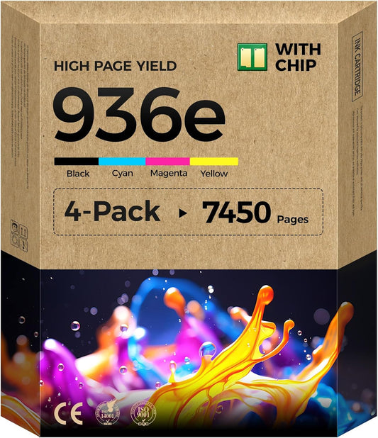 936e 936XL Ink Cartridges Set 4-Pack with Chip High Yield Replacement for HP 936 936e Ink Works with HP OfficeJet Pro 9125e 9135e 9110b 9128e 9130b 9122e 9120e 9730e Printers Black Cyan Magenta Yellow