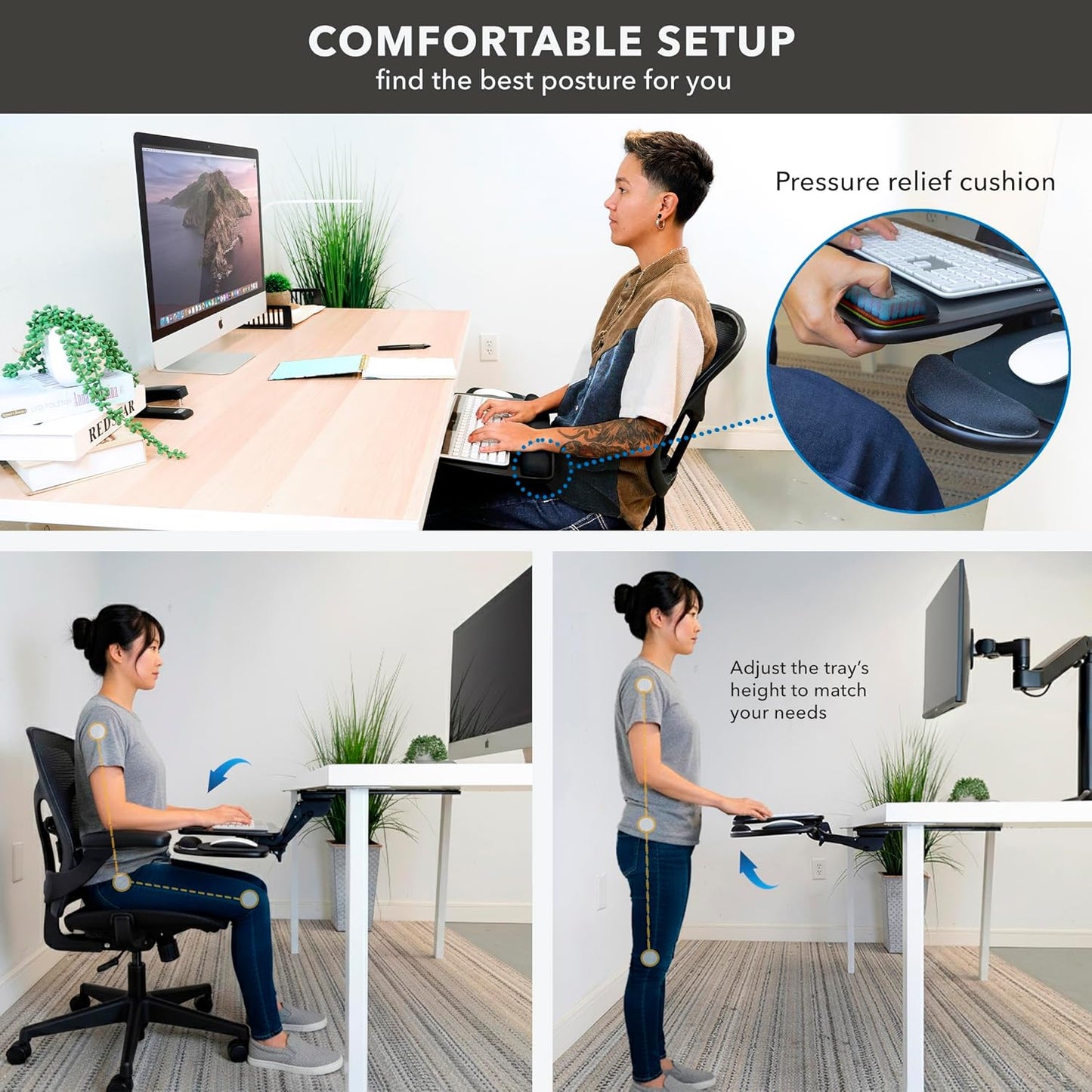 Mount-It! Full Motion Under Desk Keyboard Tray with Wrist Rest | Height and Tilt Adjustable Ergonomic Slide Out Keyboard Platform with Swivel, Mouse Pad for Left or Right Setup