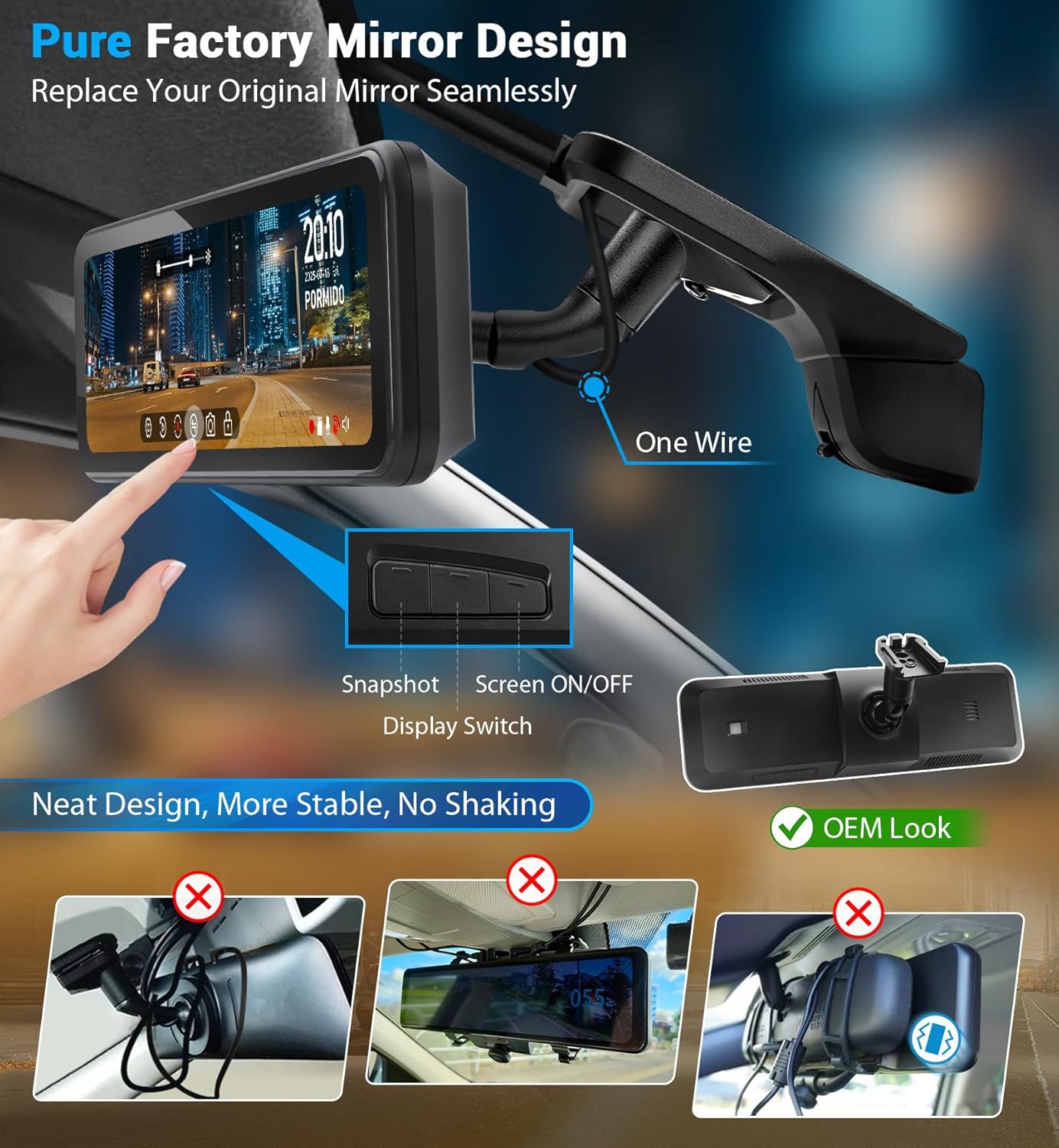 PORMIDO OEM Rear View Mirror Camera with Auto-Brightness, 11" Mirror Dash Cam with 2K Ultra-Bright Touchscreen, Detached Front Backup Rearview Zoom Built-in GPS Night Vision 64GB Card Parking Monitor