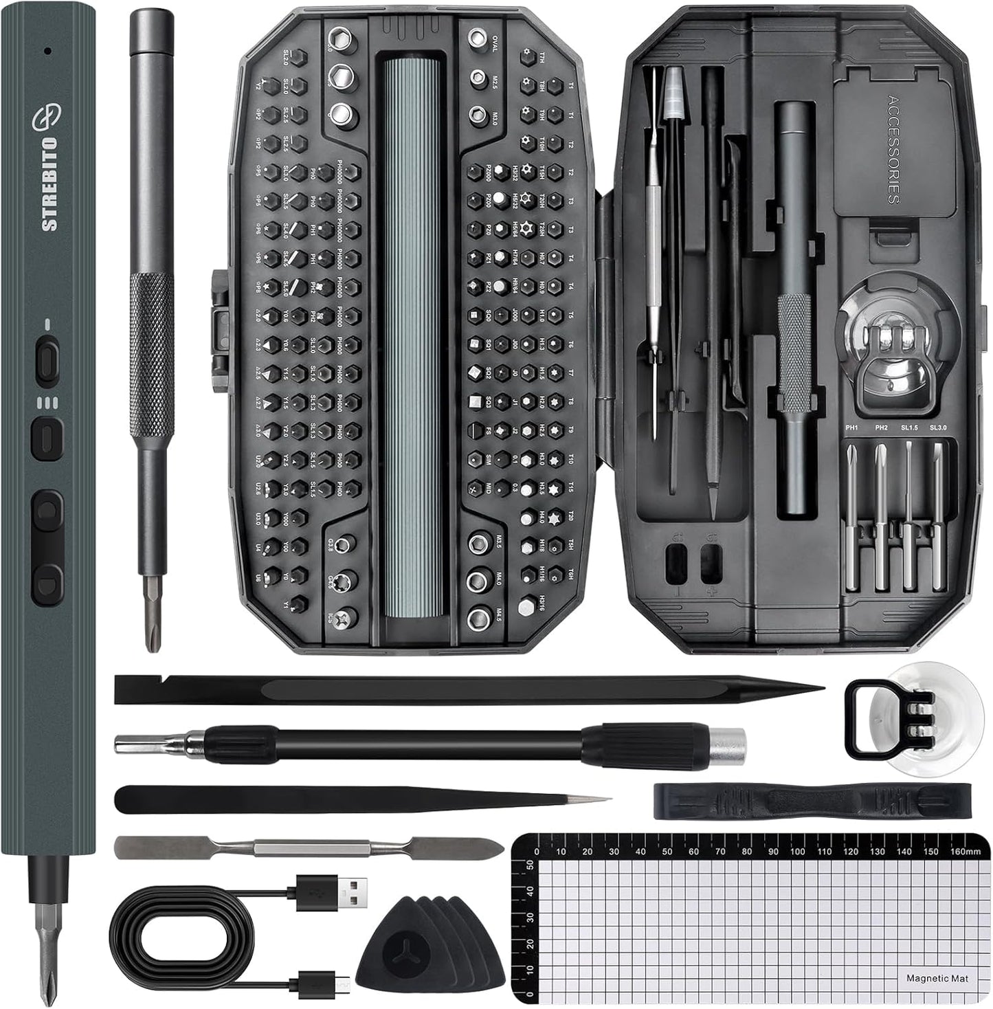 STREBITO Electric Screwdriver 155 in 1 Mini Electric Screwdriver Set, Max 5 N.m, 140 S2 Magnetic Bits, 3 Torque Settings, 650mAh Power Screwdriver Cordless Rechargeable, Repair Tool Kit for PC Phone
