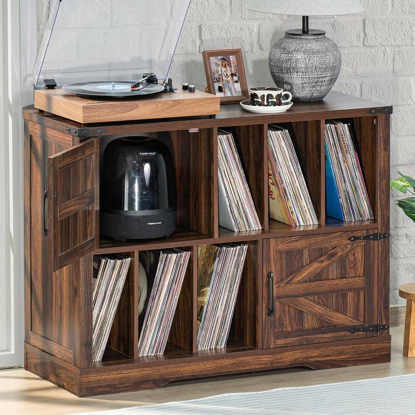 Large Record Player Stand with Vinyl Storage Up to 450 Albums, 39 Inch Farmhouse Brown Walnut Storage Cabinet with Barn Doors, Wood Vintage Mid-Century Turntable Stand for Bedroom, Living Room