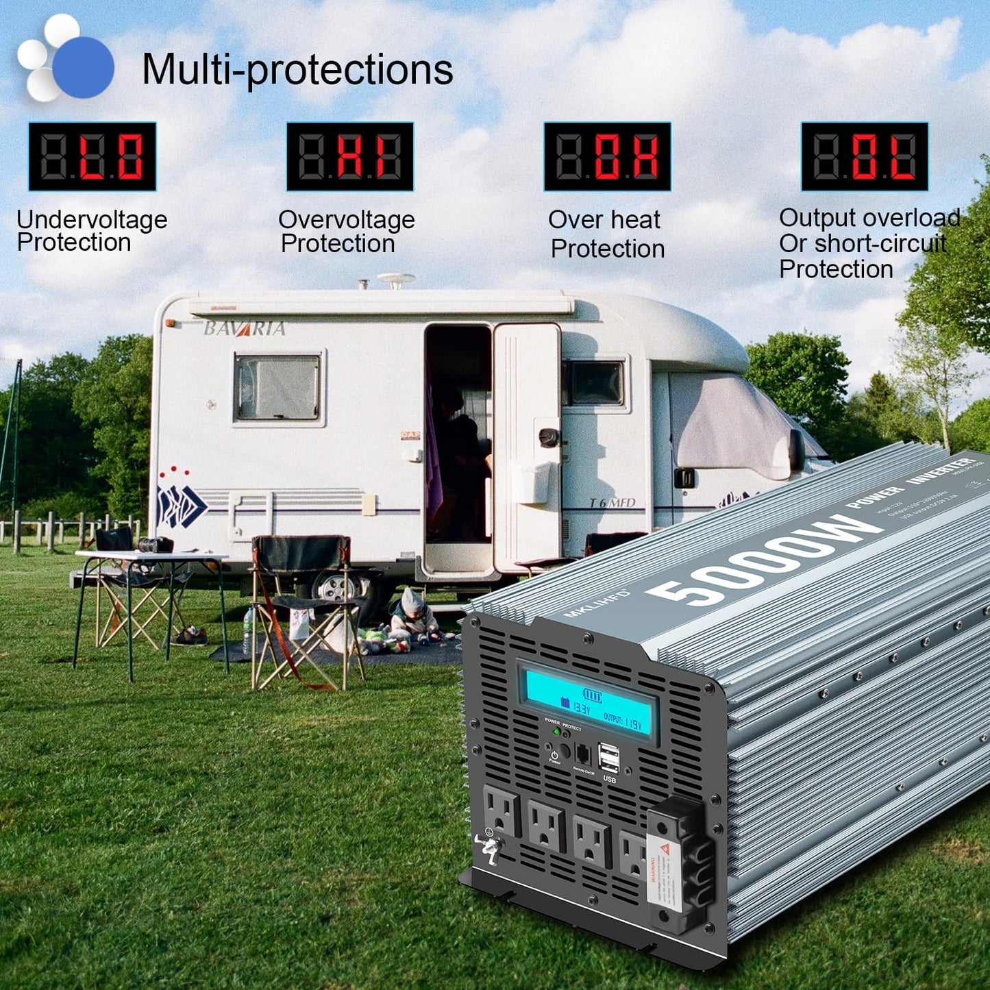 Power Inverter 5000 watt 12v to 110v /120V Inverter for car Vehicles Truck Camping Solar Panel Power Converter Adapter with Clamps and Remote Inverter 5000W