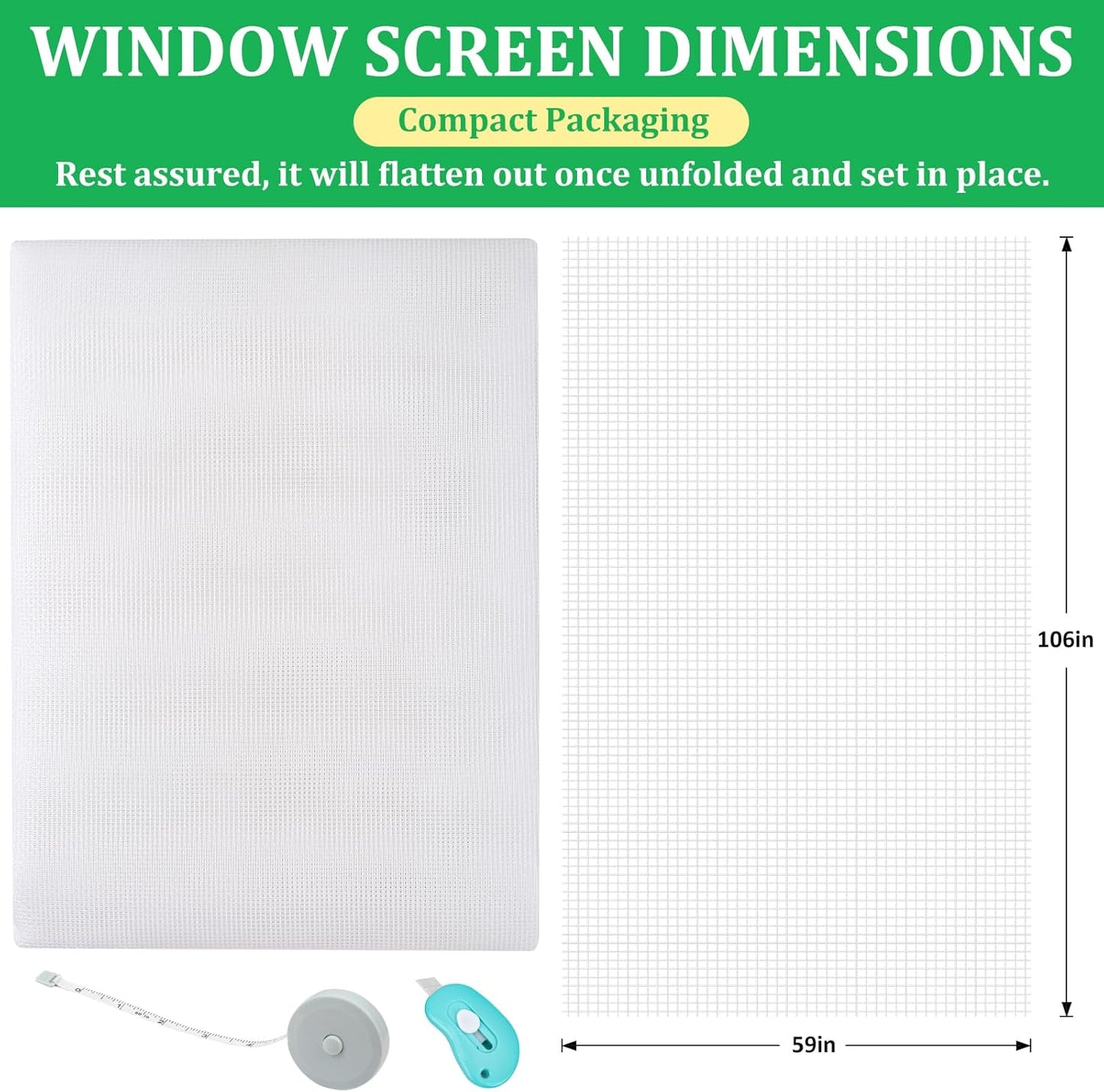 Windows Screen Replacement and Screen Door Repair Kit, 6Pcs Window Screen Fiberglass Mesh Kit - Window Screen & Screen Door Mesh & Screen Porch Repair Kit (White, 59" x 106")