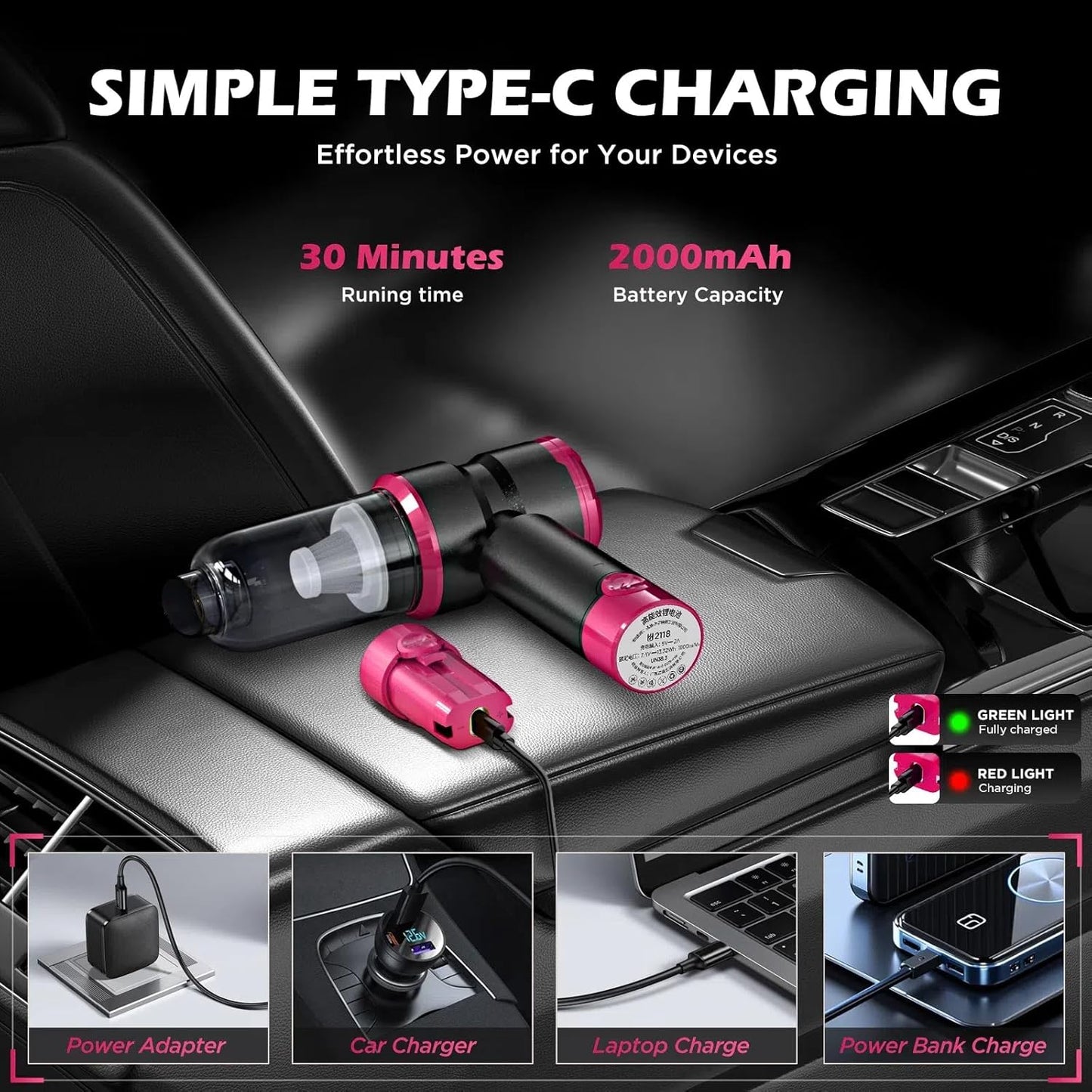 Handheld Car Vacuum with 15000PA Power, 4 in 1 Small Powerful Cordless Vacuum Cleaner & Air Duster with 2000mAh Battery, Rechargeable Portable Mini Hand Held Vacuum for Car, Home,Office,Pet Hair（Pink）