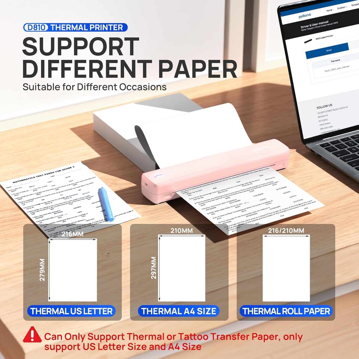 POLONO Portable Printer Wireless for Travel, D810 Bluetooth Thermal Printer Support for 8.5"x11" US Letter, Inkless Compatible with iOS, Android, Laptop for Office, Car and Home, Pink