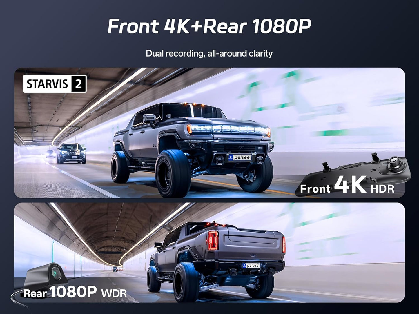 Pelsee S12 Pro 4K Mirror Dash Cam with STARVIS 2 Sensor, 5.8GHz WiFi Rear View Mirror Camera Front and Rear Dash Camera, ADAS & BSD, 1080P Backup Camera with WDR, Voice Control, 64G Meomory Card