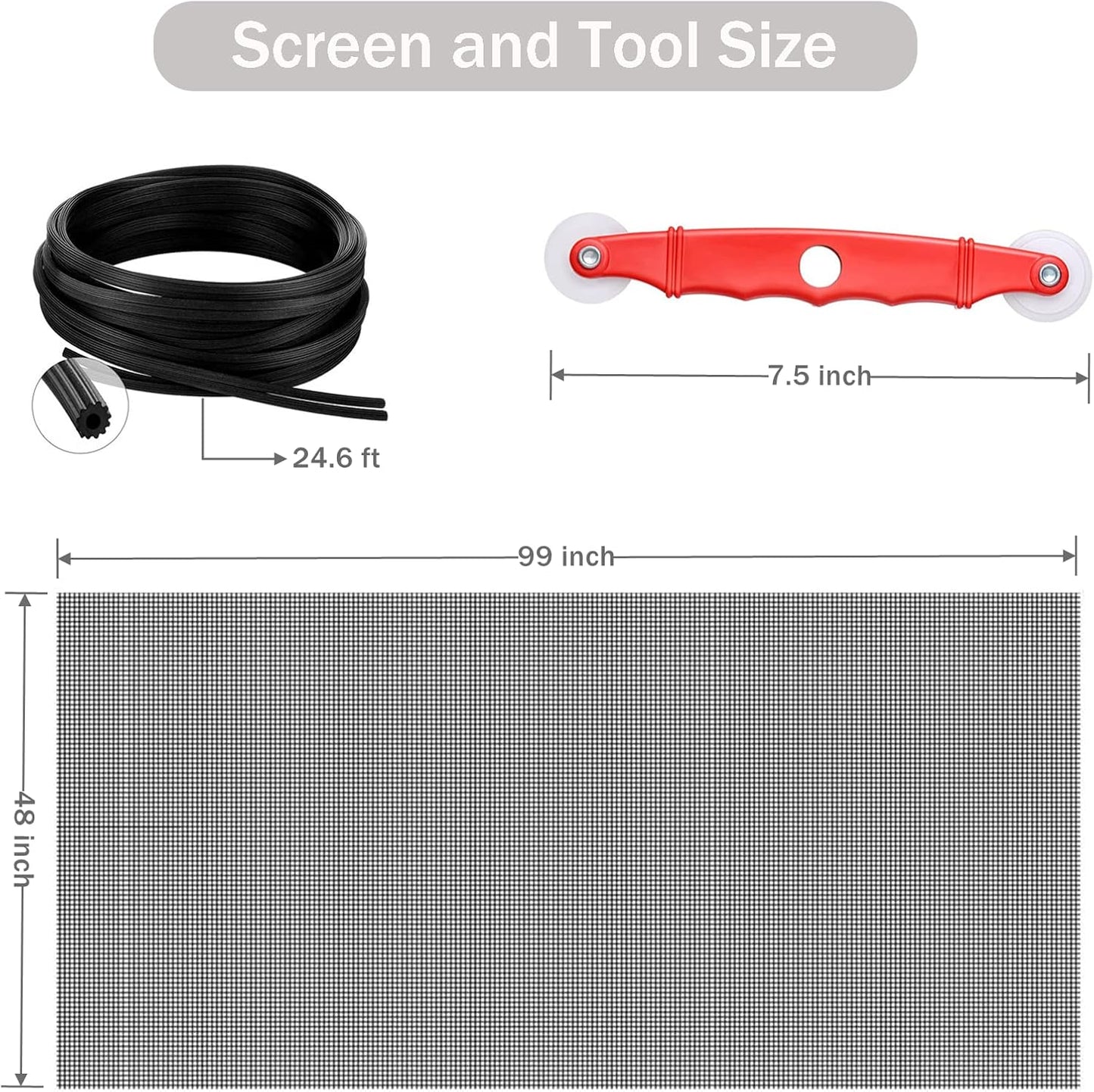 Window Screen Replacement Kit, 48'' x 99'' Fiberglass Screen Mesh with Rolling Tool and Screen Retainer Spline, DIY Adjustable Screen Door Mesh for Window, Door and Patio, Black