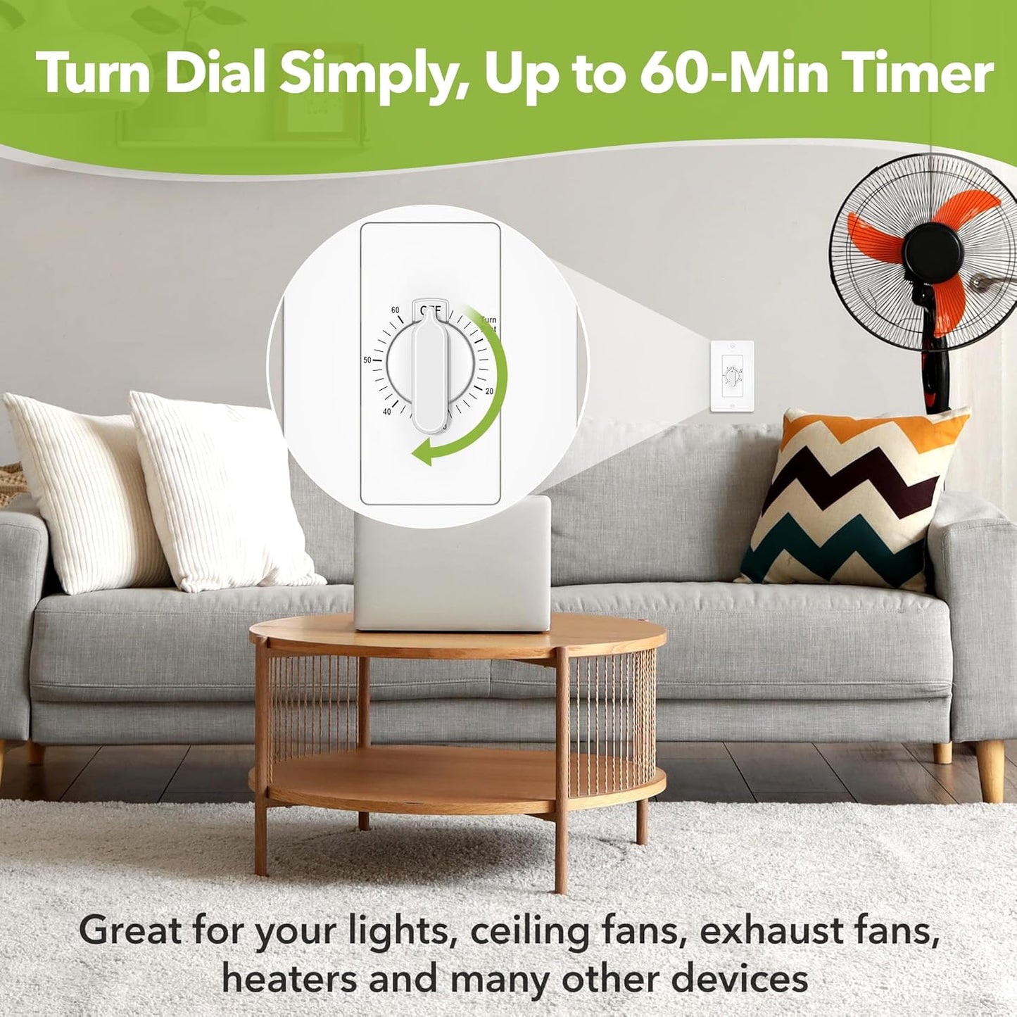 HBN 60 Minute Spring Wound Countdown Timer Switch for Bathroom Exhaust Fan, in-Wall Mechanical Light Switch Timer, No Neutral Required, Wall Plate Included, ETL Listed