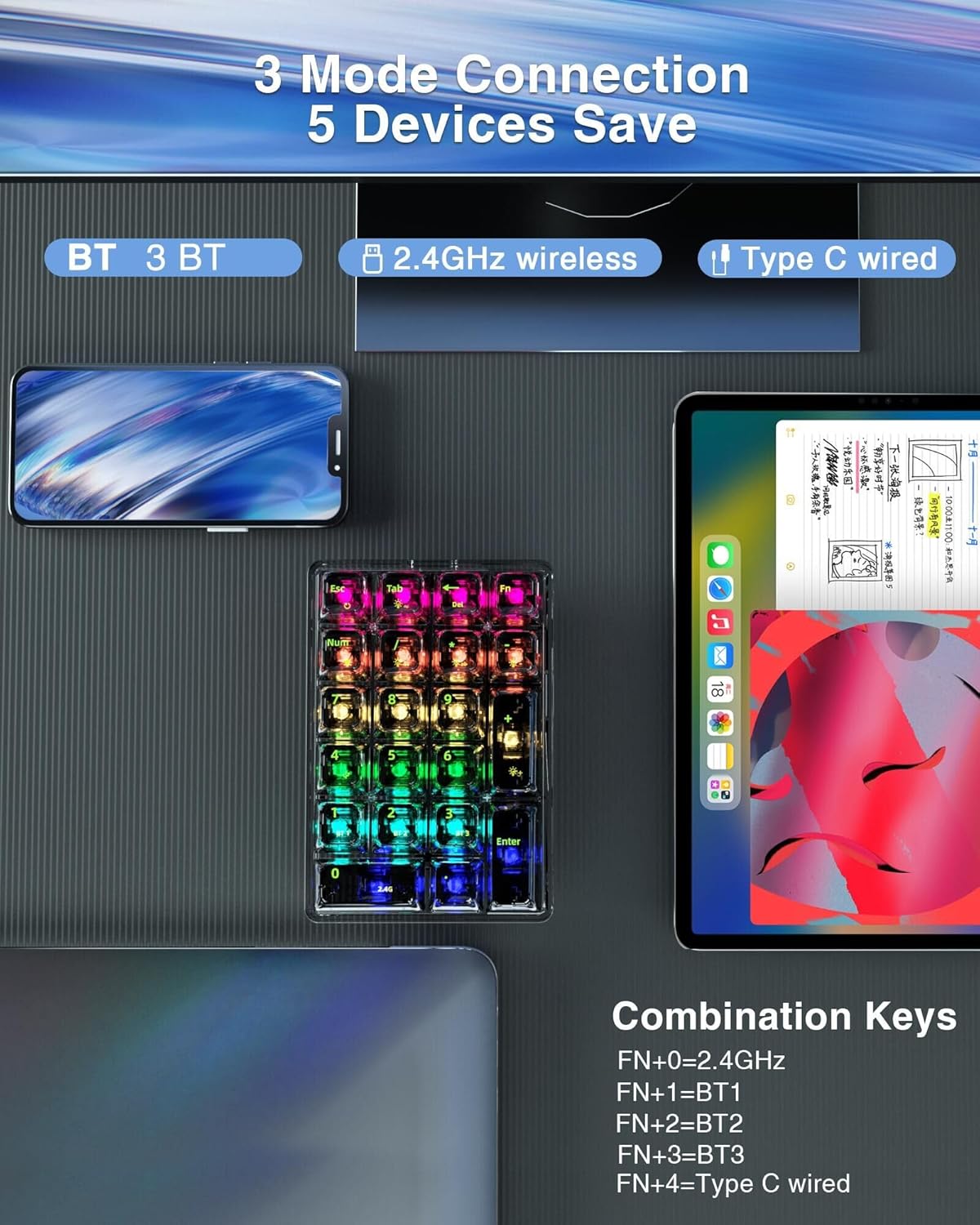 SOLAKAKA K21 RGB Backlit Tri-Mode Transparent Wireless Mechanical Number Pad Supports 3 BT/2.4GHz/Type C Wired,Hot Swappable 21 Keys Mechanical Numpad with Transparent Keycaps Black