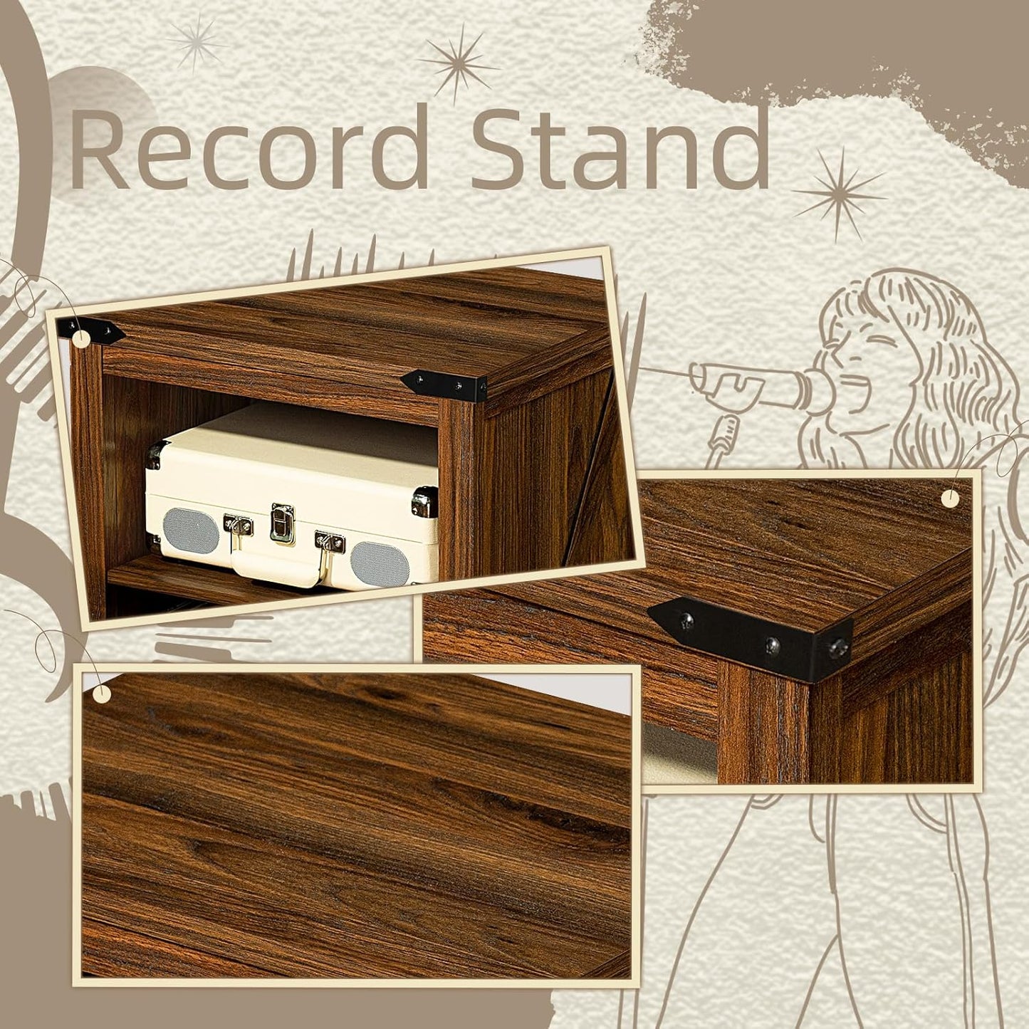 Record Player Stand with Vinyl Record Storage Holds up to 160 Albums,Large Wood Record Player Table，Brown Turntable Stand Cabinet Dispaly Shelf for Living Room,Bedroom,Office