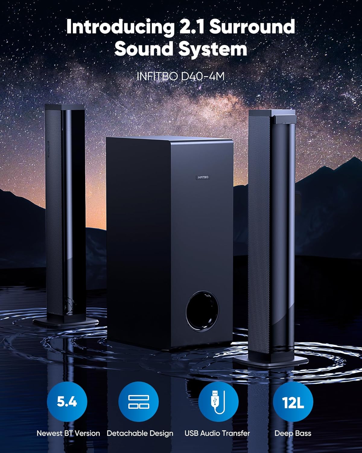 Sound Bar for Smart TV 2.1CH 190W Peak Power Soundbar with Subwoofer Detachable 2-in-1 BT 5.4 Surround Sound System 12L Deep Bass for PC Game with HD-ARC/Opt/USB/AUX Home Theater