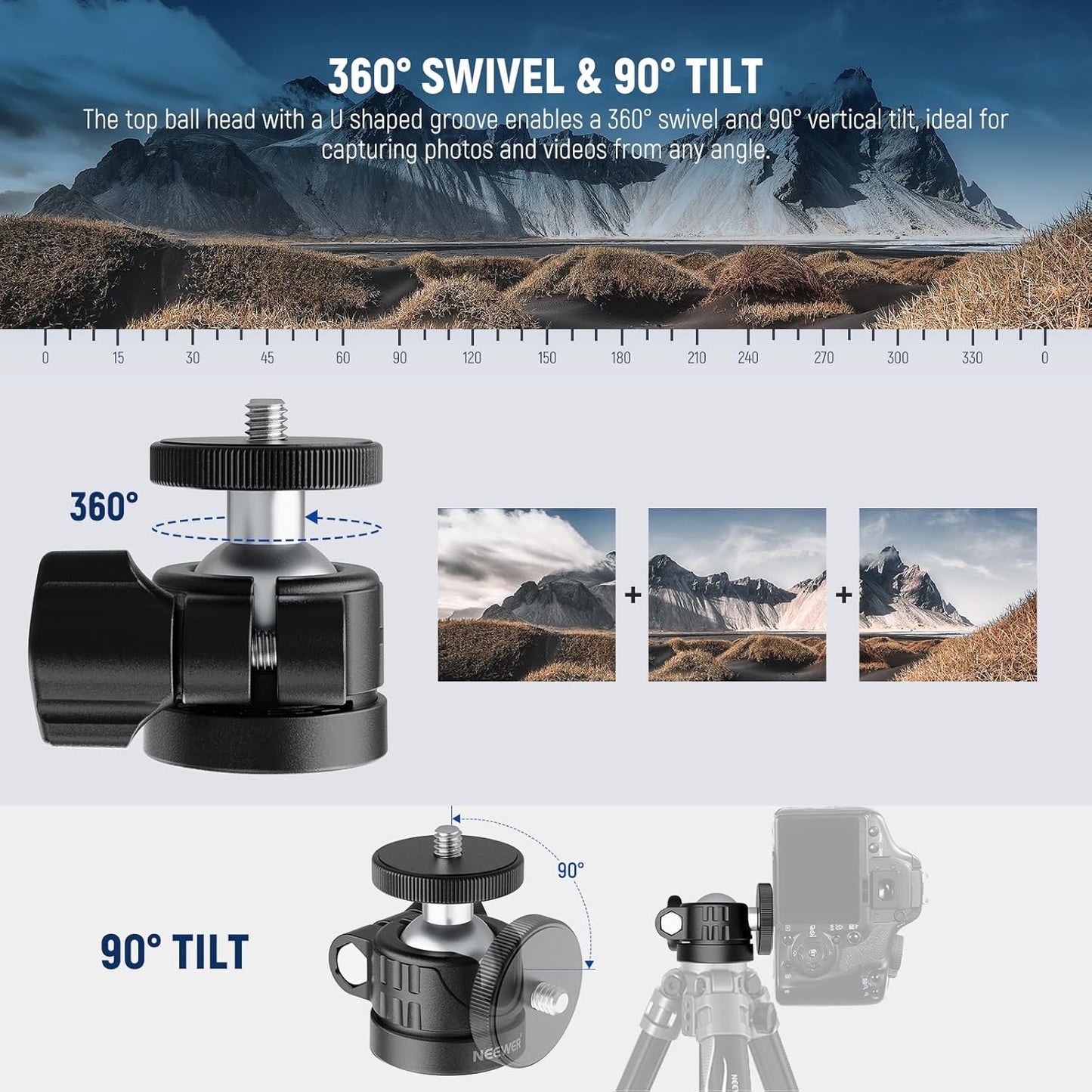 NEEWER Basic Mini Ball Head, Portable Tripod Head Camera Mount Adapter with 1/4" Screw for Compact DSLR Action Cam Phone LED Ring Light Monopod Slider, 4.4lb Max Load, 360° Swivel & 90° Tilt, GM01