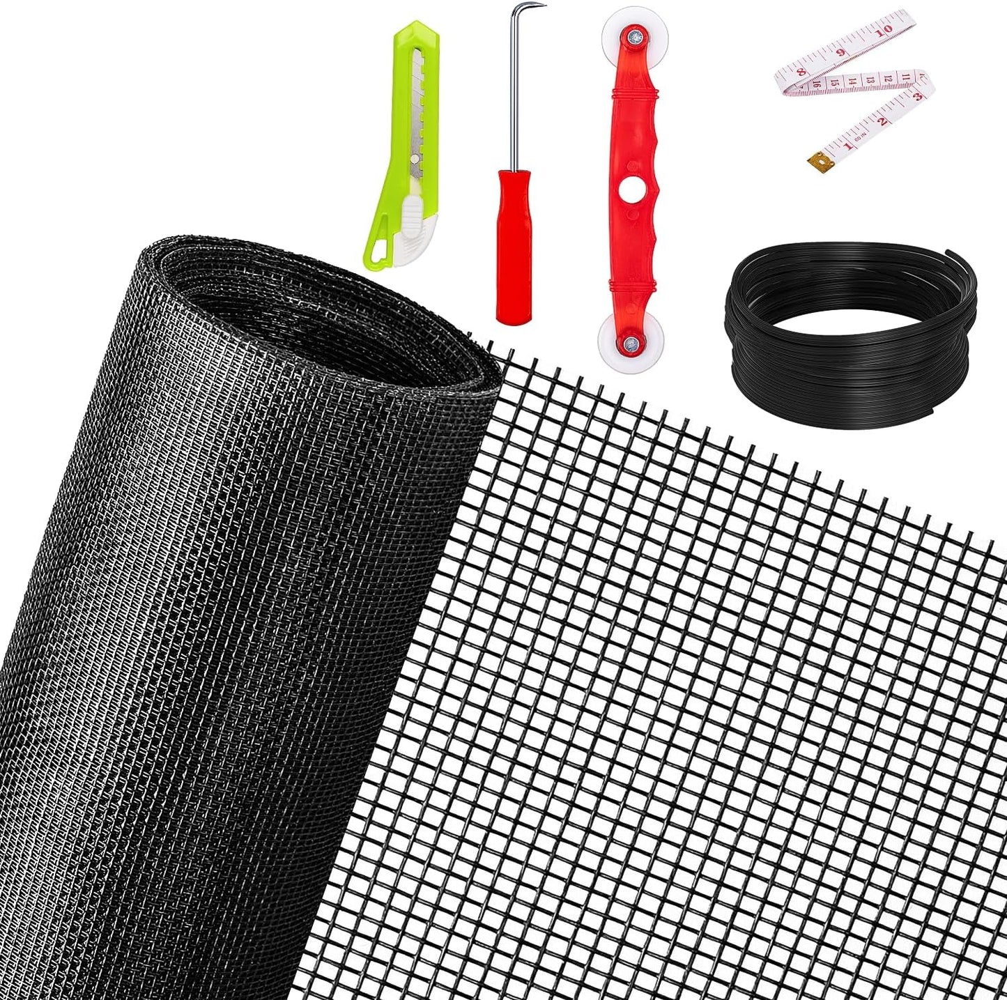 Ouskr Replacement Window Screens Kit, 48X118 Inch Durable Window Screen Mesh for Patio Porch Door Windows, DIY Adjustable Fiberglass Screen Repair Kit with Rolling Tool Hook Ruler Cutter Spline