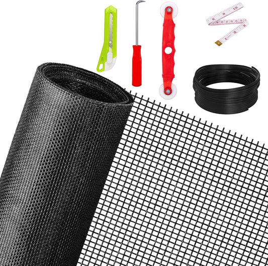 Ouskr Replacement Window Screens Kit, 48X118 Inch Durable Window Screen Mesh for Patio Porch Door Windows, DIY Adjustable Fiberglass Screen Repair Kit with Rolling Tool Hook Ruler Cutter Spline
