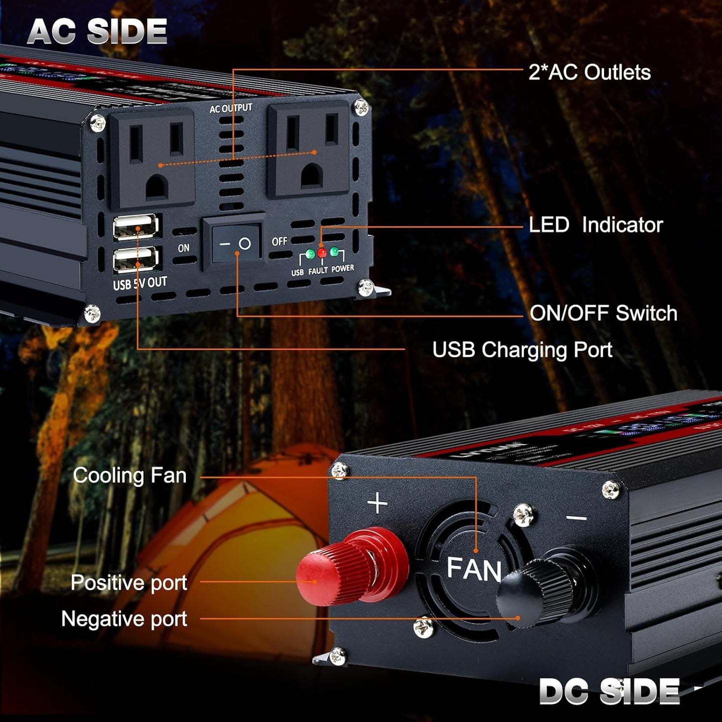 LVYUAN 1000W Car Power Inverter 12V to 110V DC to AC with 2 US Sockets, Cigarette Lighter, LCD Display, USB Ports for Car, Home,Outdoor, Camping