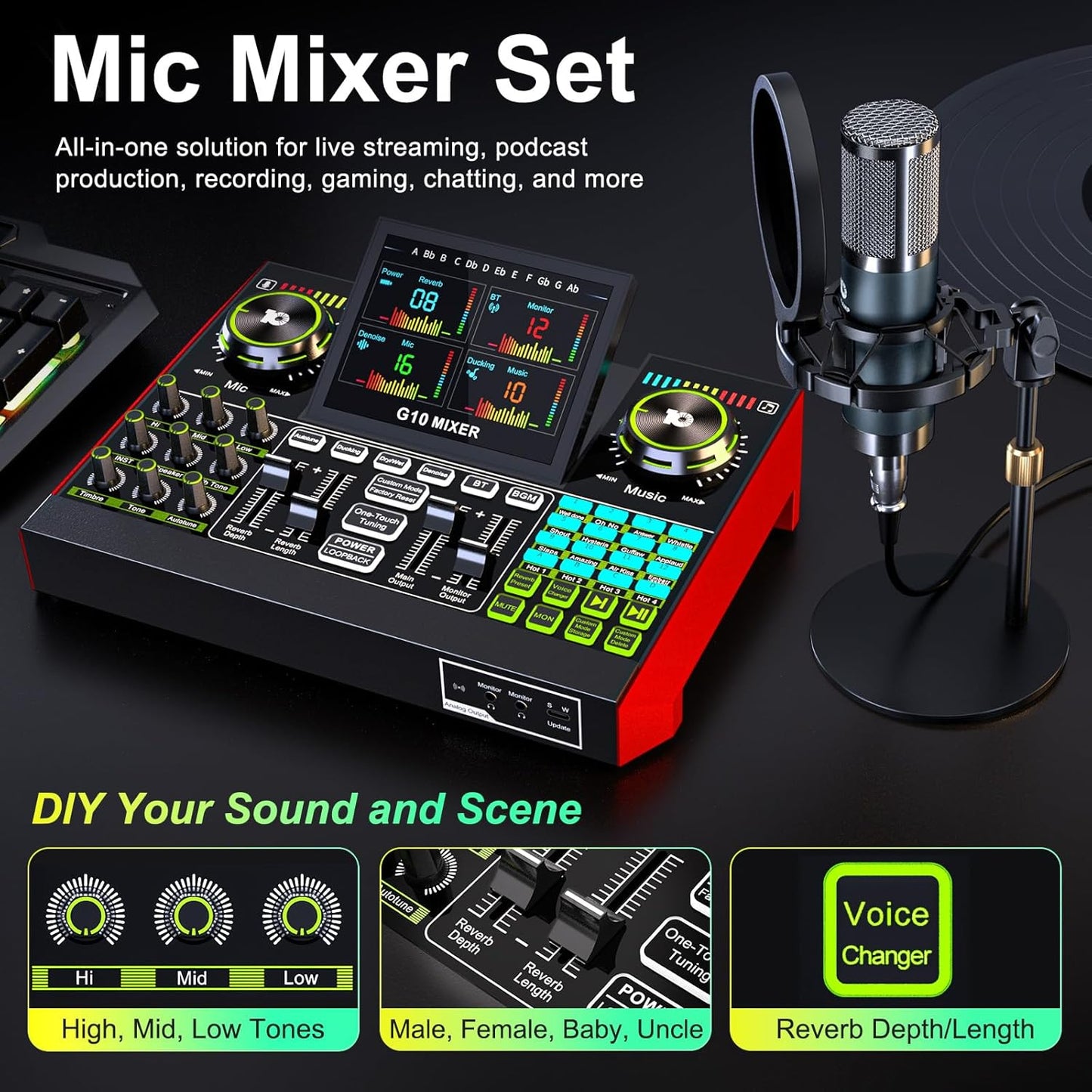 Podcast Microphone Bundle with Live Sound Board Audio Mixer, Podcast Equipment Bundle with 3.5mm Condenser Microphone(P15) for Pc/Phone Live Streaming Singing Gaming, Voice Changer, Denoise